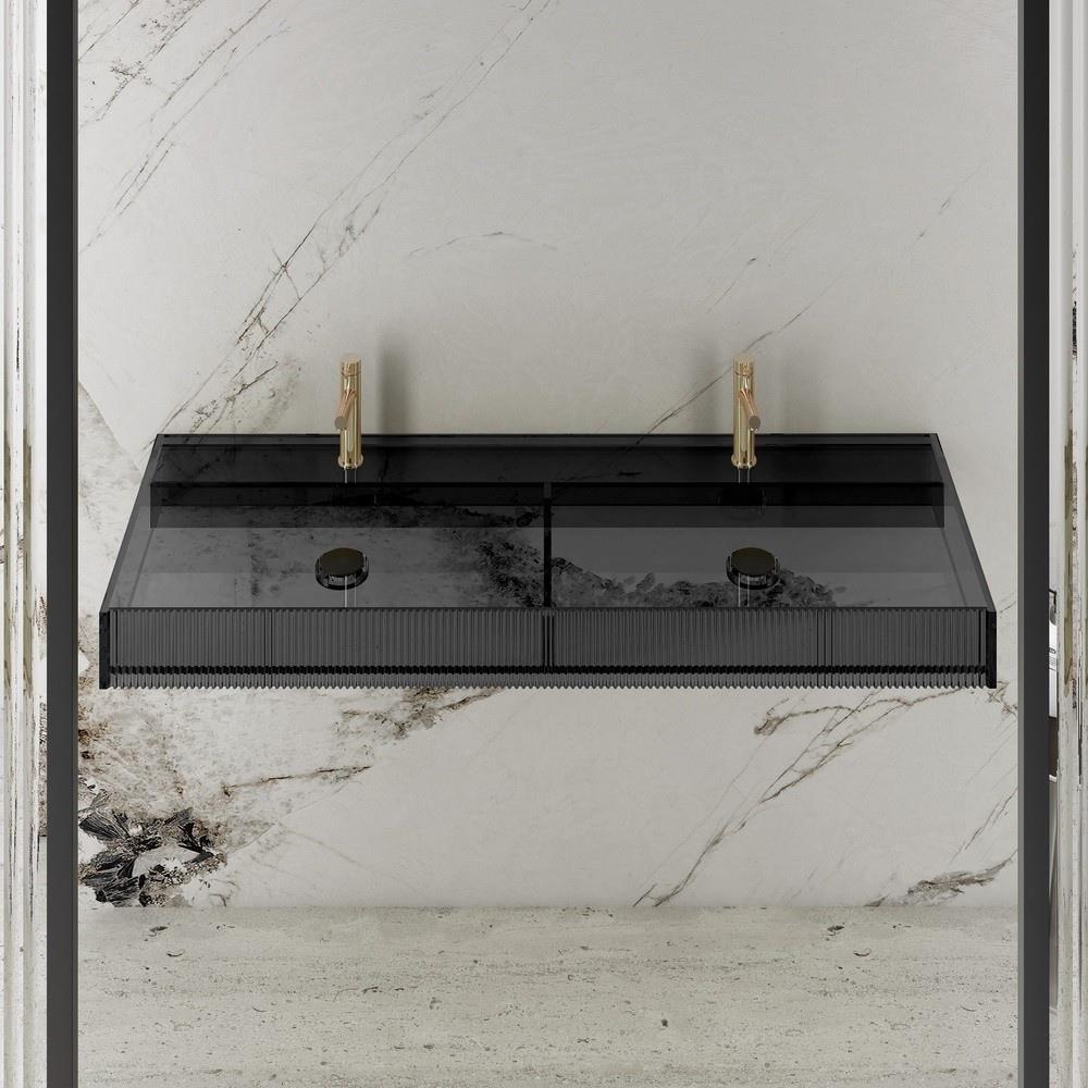 Graffe Aura 120 cm Çift Bölmeli Şeffaf Siyah Cam Lavabo