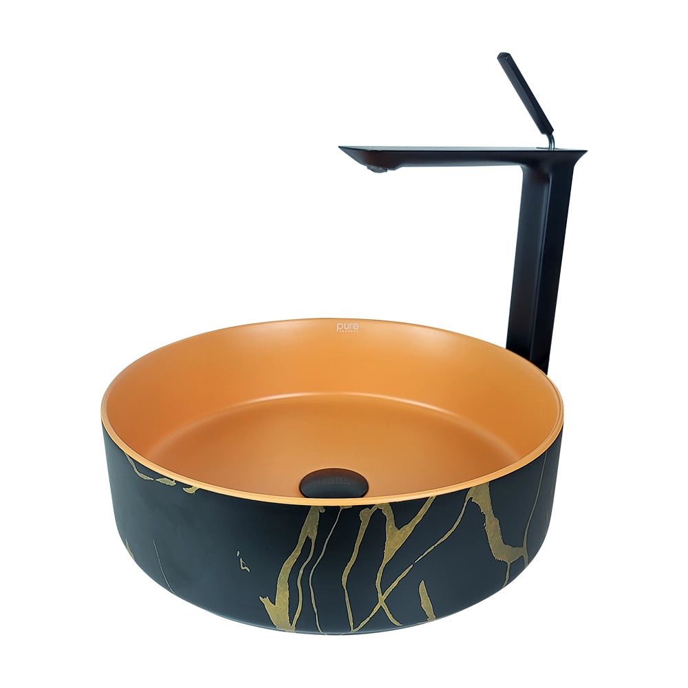 Pure ConceptFaralya 40 cm Siyah Turuncu Tezgah Üstü Çanak Lavabo
