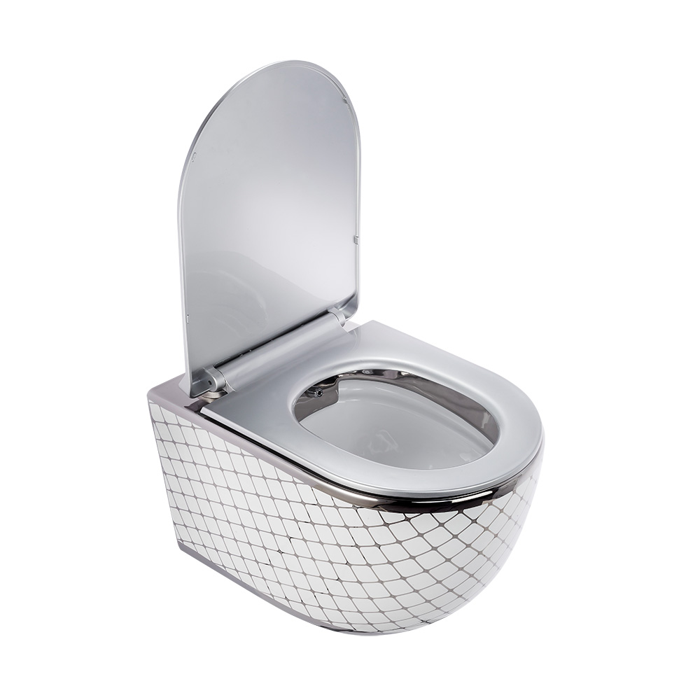 Pure Concept Geometrik Desen Beyaz Gümüş Kanalsız Asma Klozet