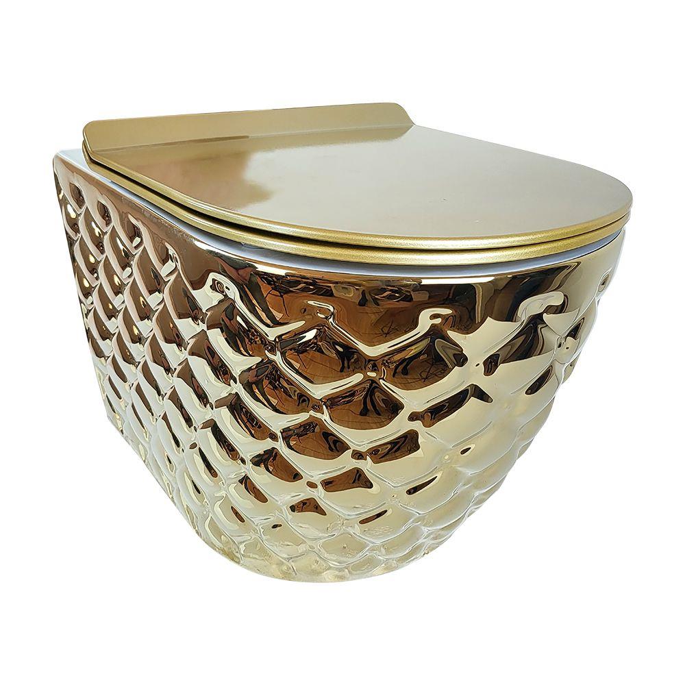 Pure Concept Kapitone Dot Parlak Gold Kanalsız Asma Klozet + Beyaz Kapak