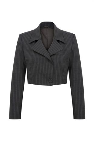 Ivv Gri Çizgili Crop Ceket