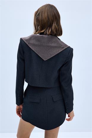 Ivv Gri Çizgili Crop Ceket