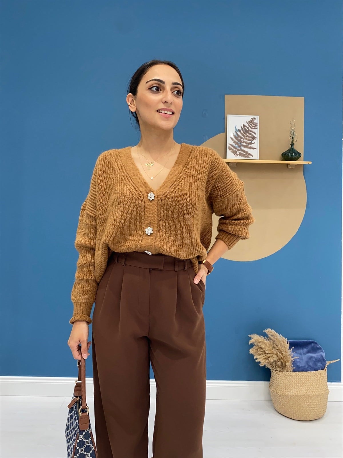 Camel Örgü Kumaş Taş Dataylı Hırka
