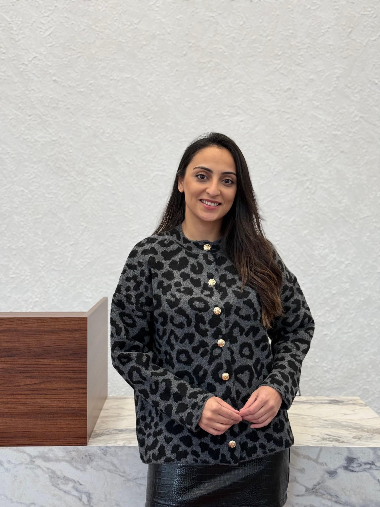 Füme Leopar Gold Düğmeli Hırka