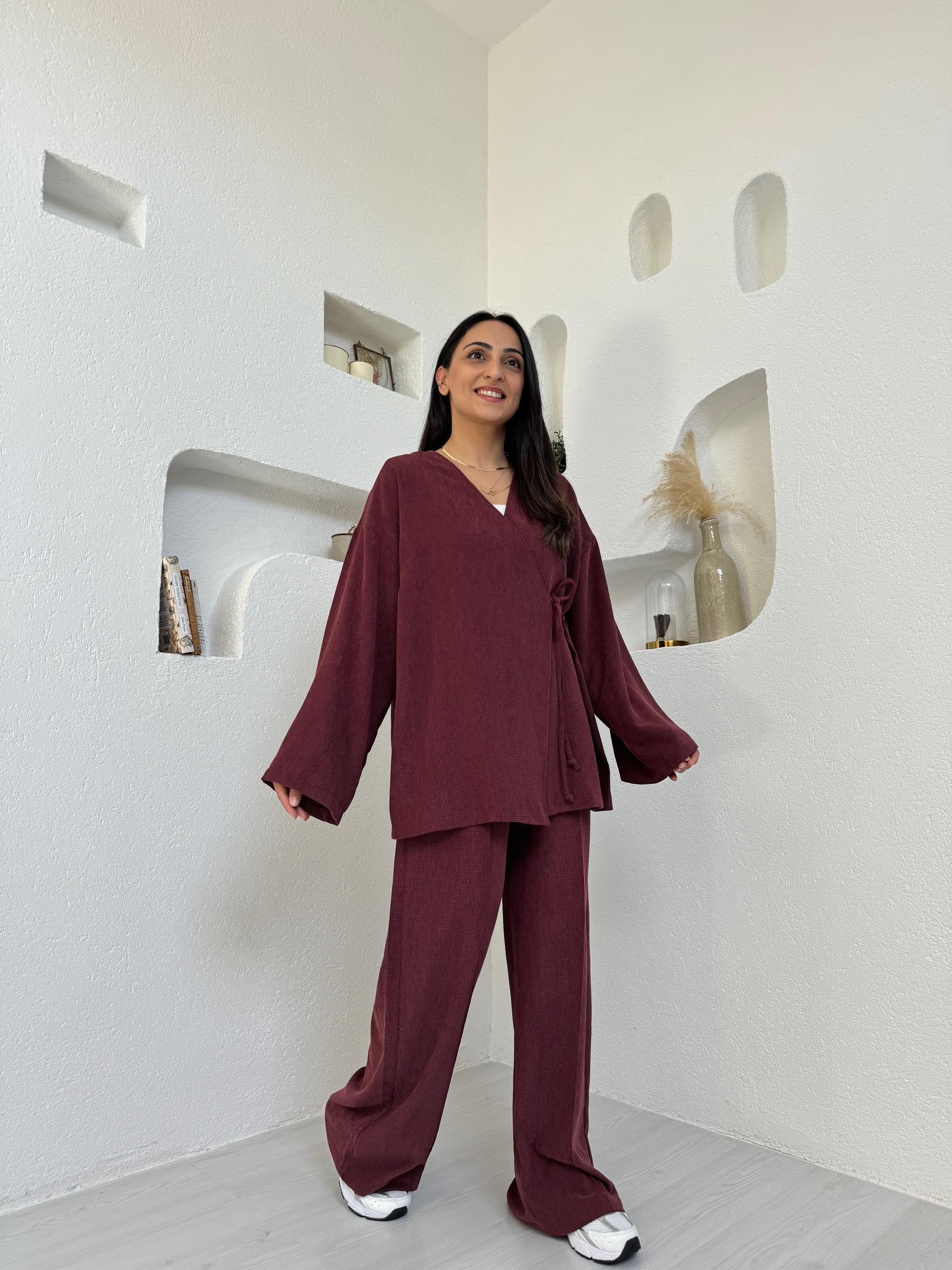 Kane Bordo % 100 Pamuk Kimono Takım