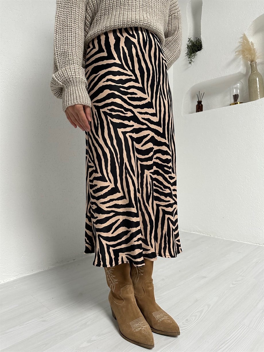 Krem Zebra Desenli Verev Saten Etek