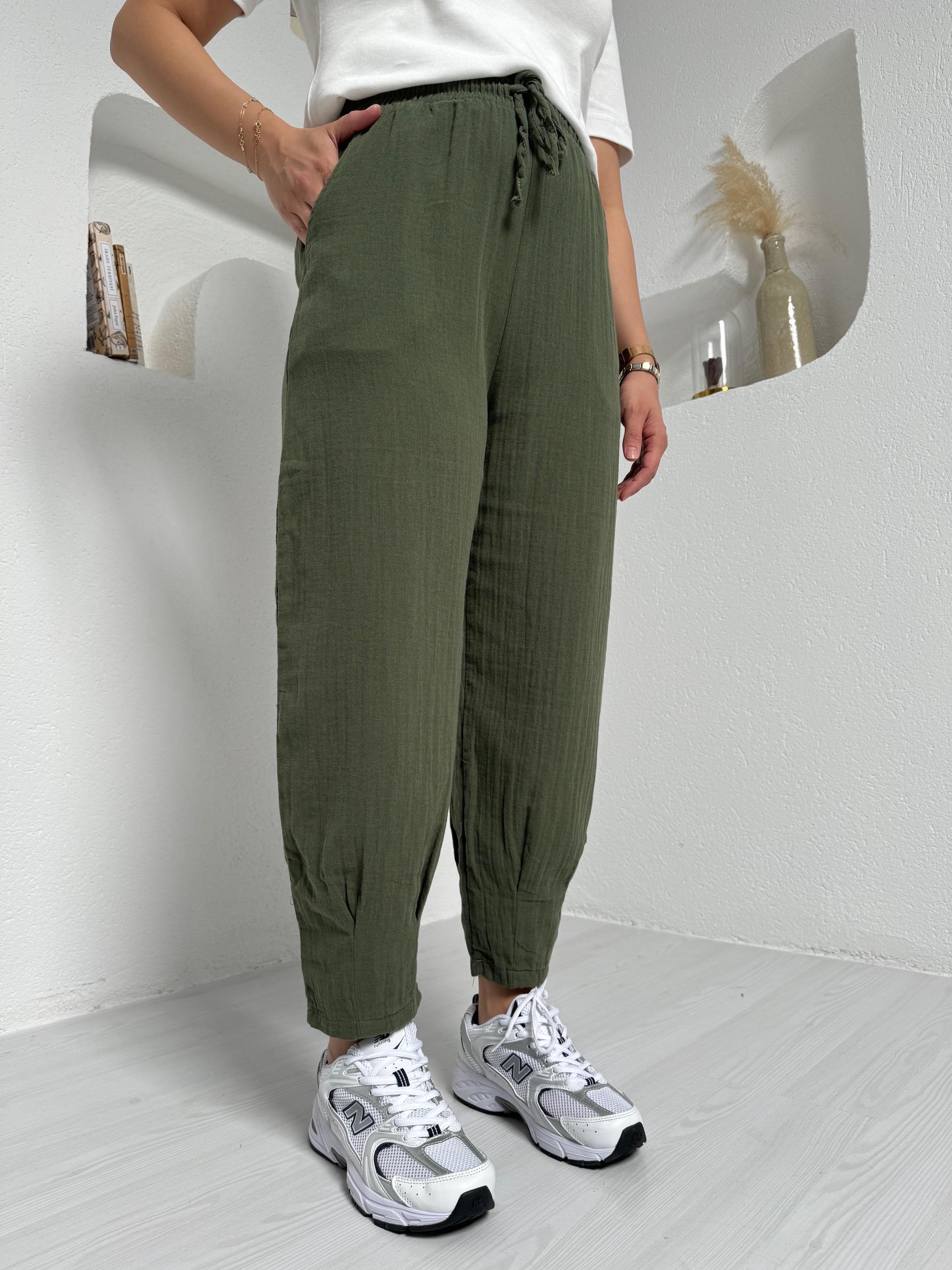 Lola Haki % 100 Keten Müslin Pantolon