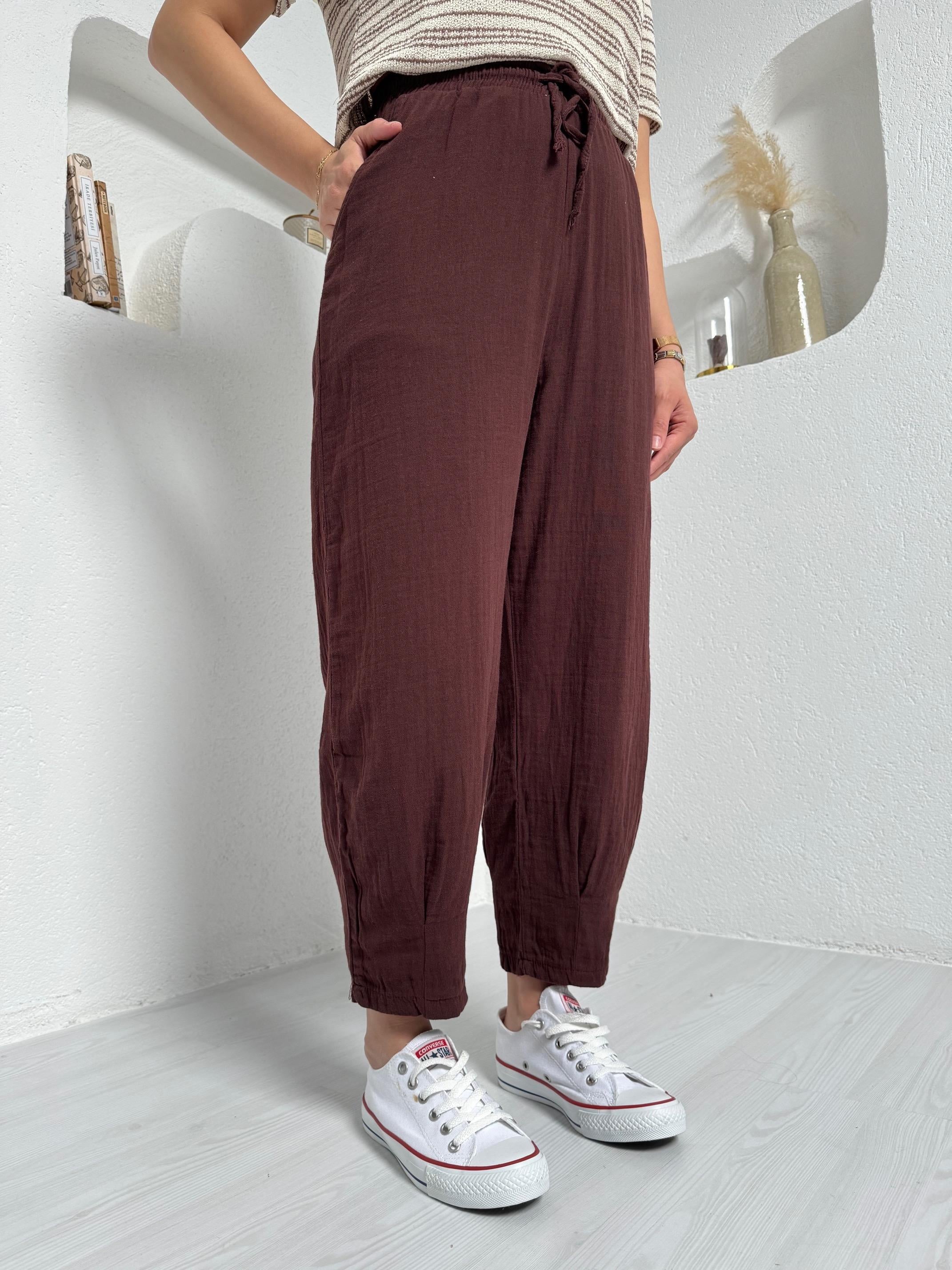 Lola Kahverengi % 100 Keten Müslin Pantolon