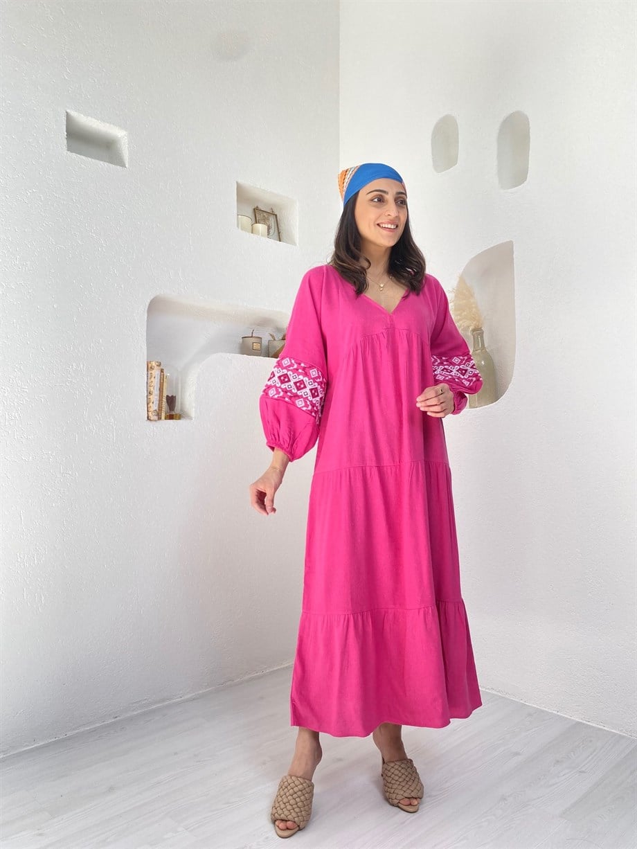 Pembe Keten Uzun Elbise