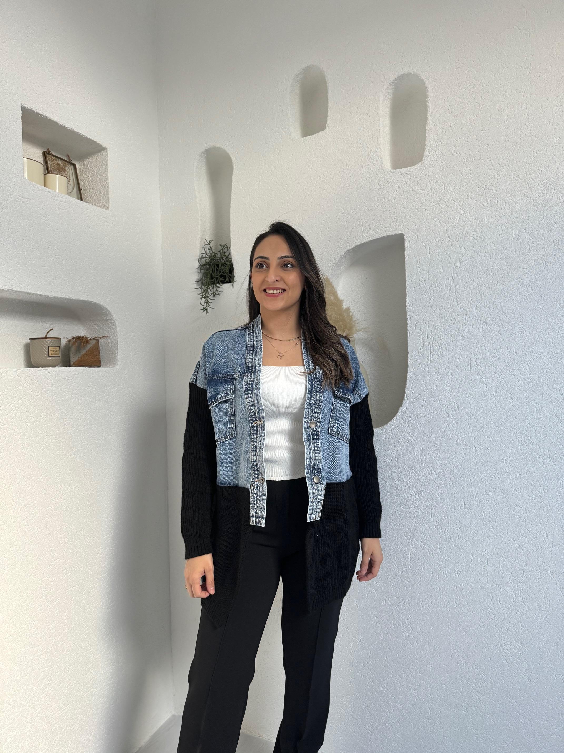 Siyah Örme Jean Detaylı Ceket