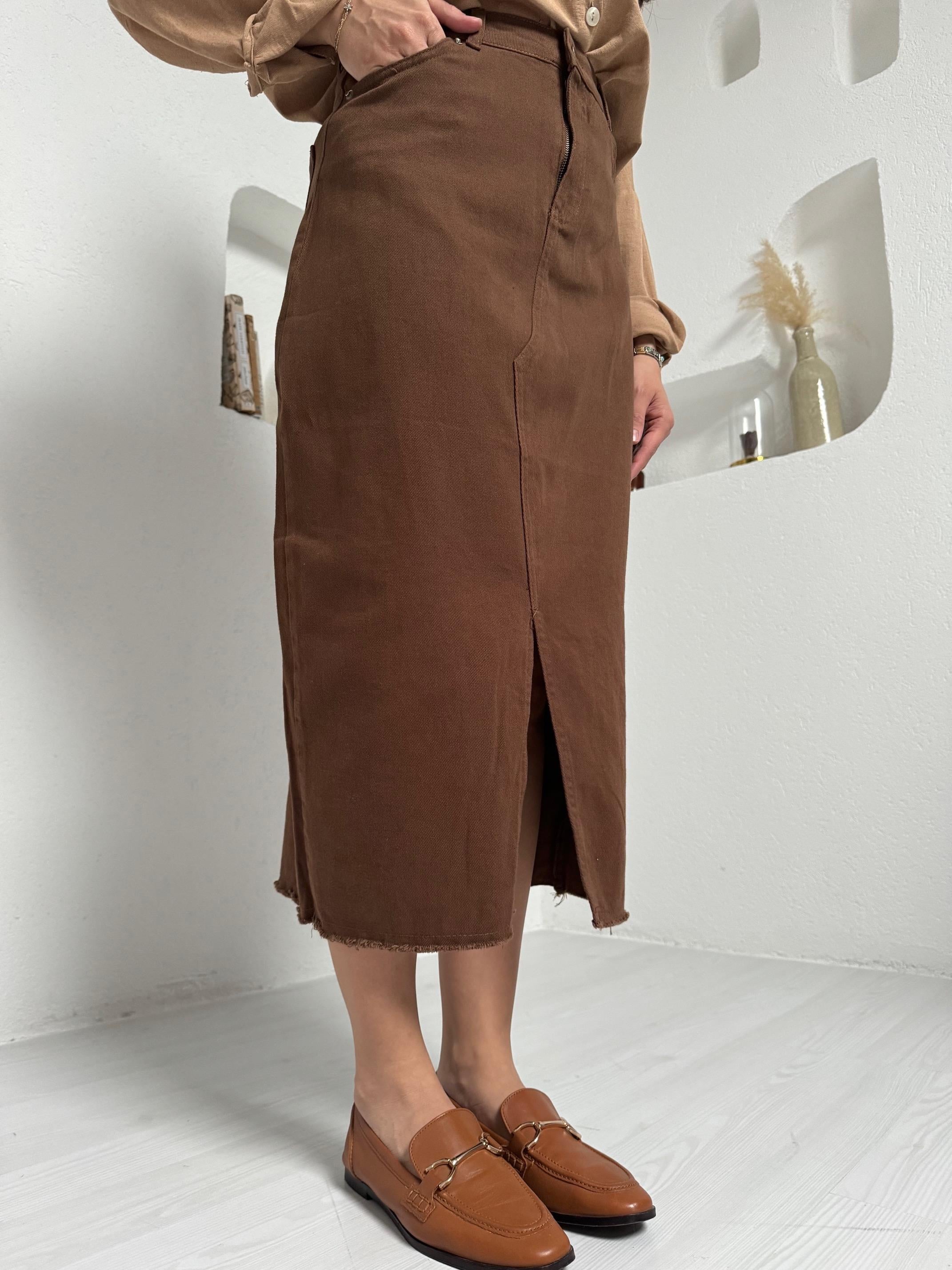 Tina Kahverengi Gabardin Yırtmaçlı Etek