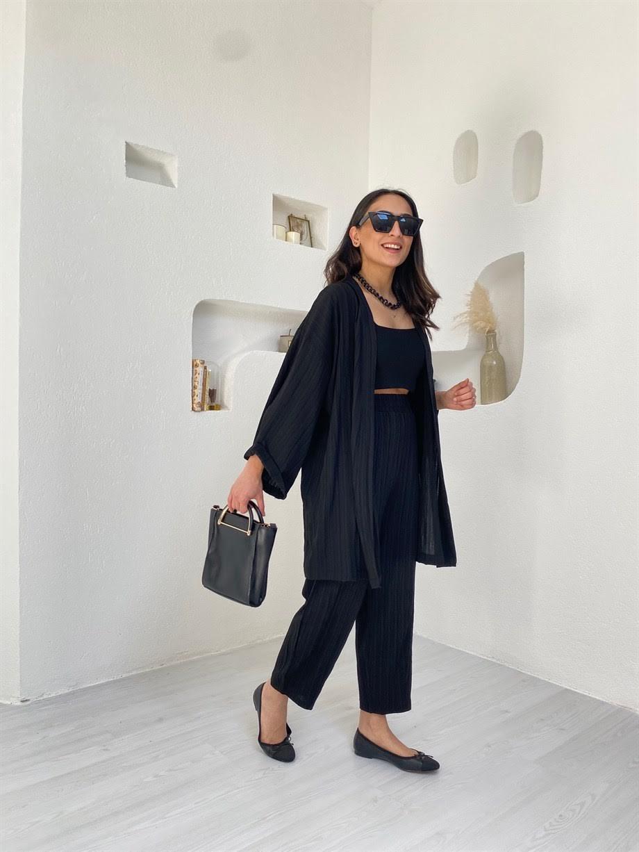  Siyah Gofre Kimono Takım
