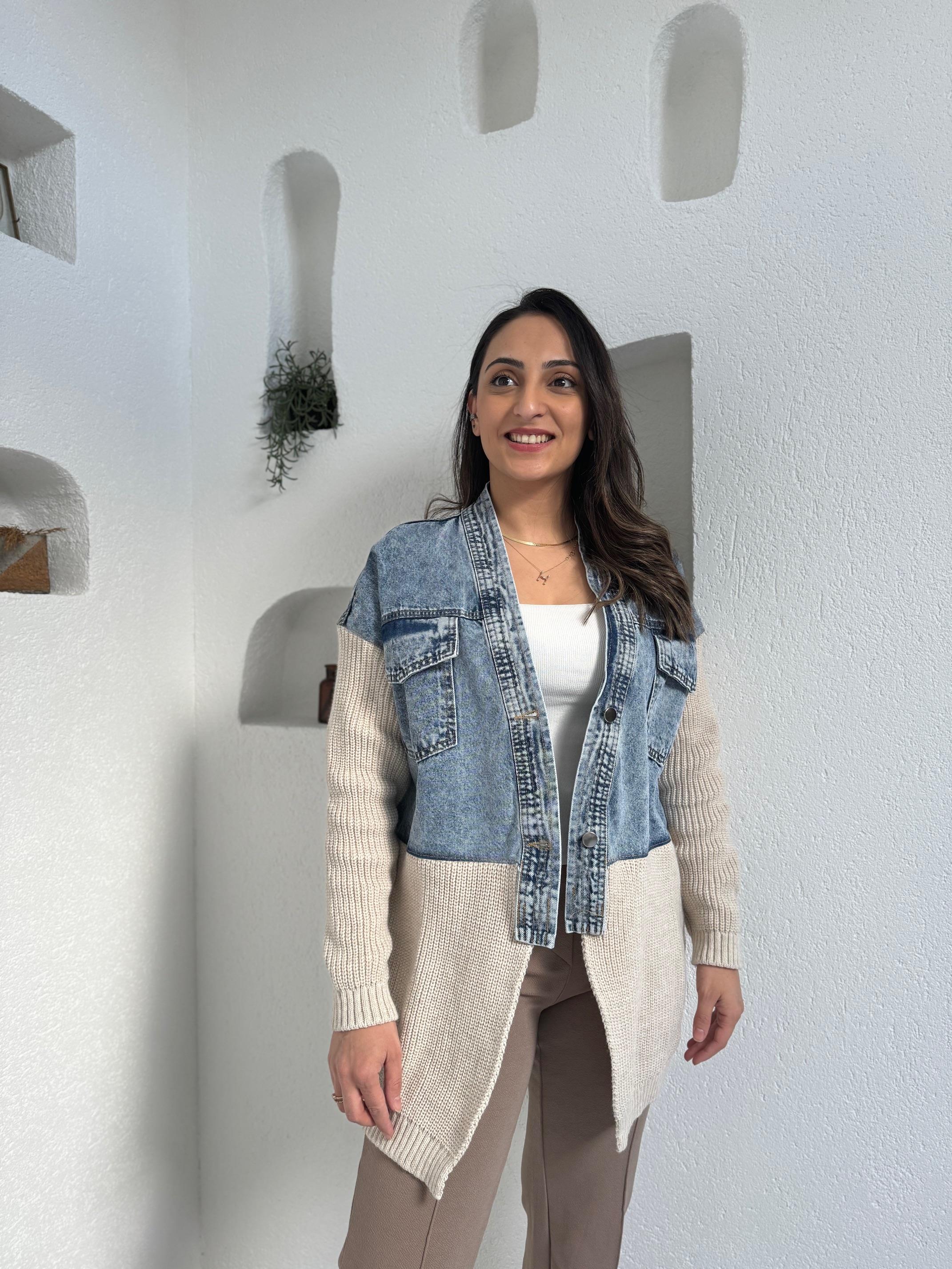 Bej Örme Jean Detaylı Ceket