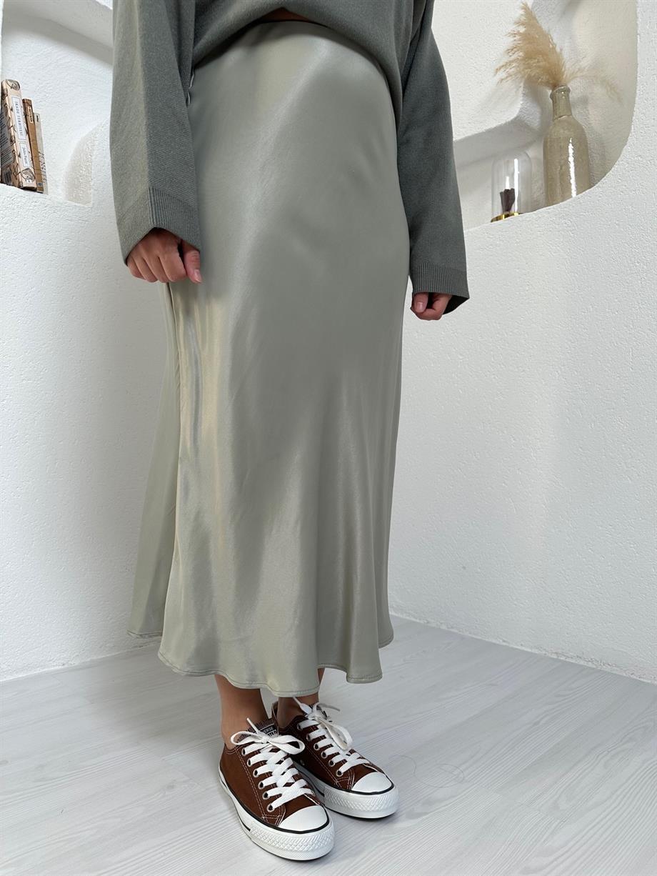 Çağla Yeşili Verev Saten Etek