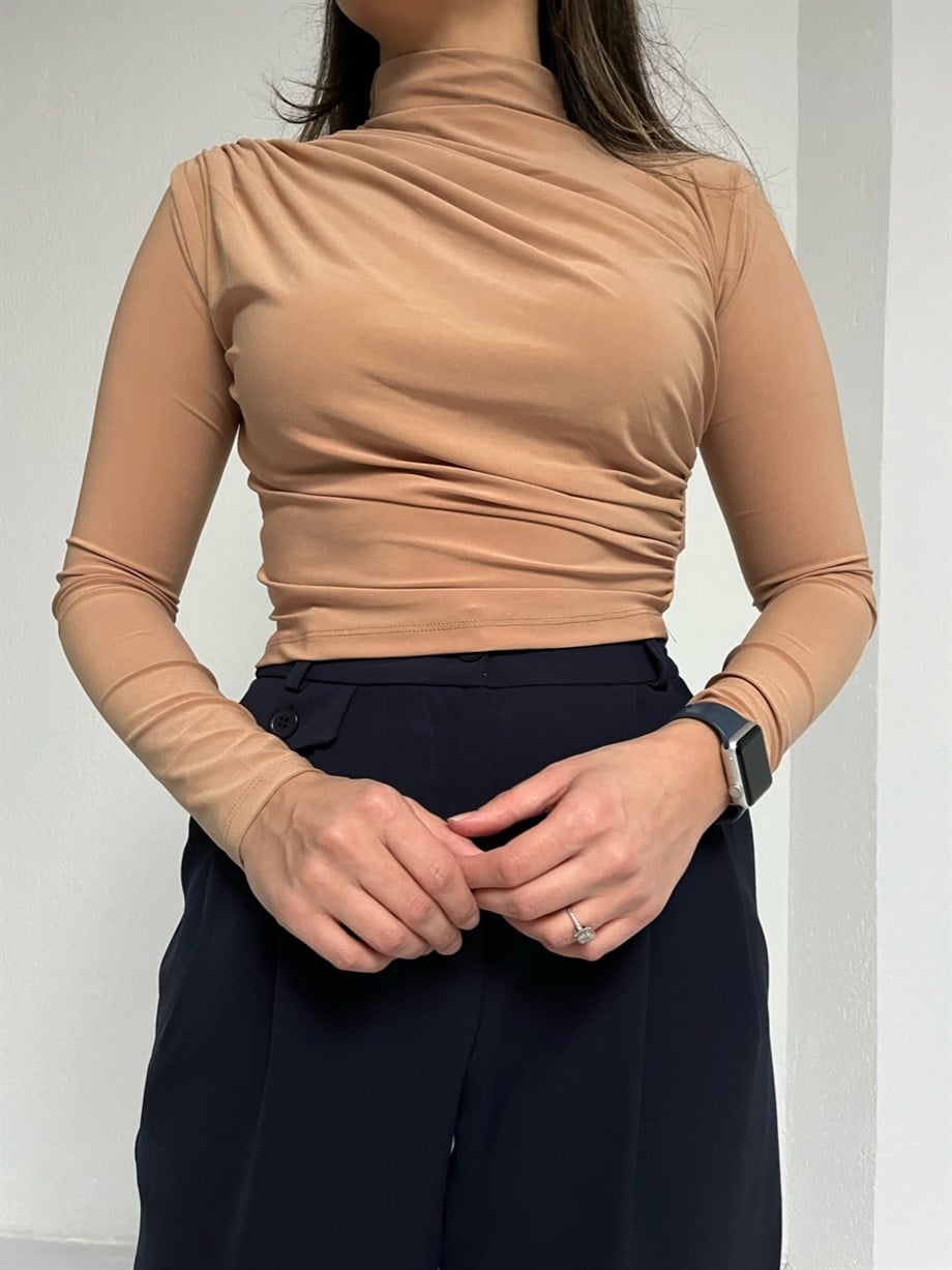 Camel Büzgülü Crop Bluz