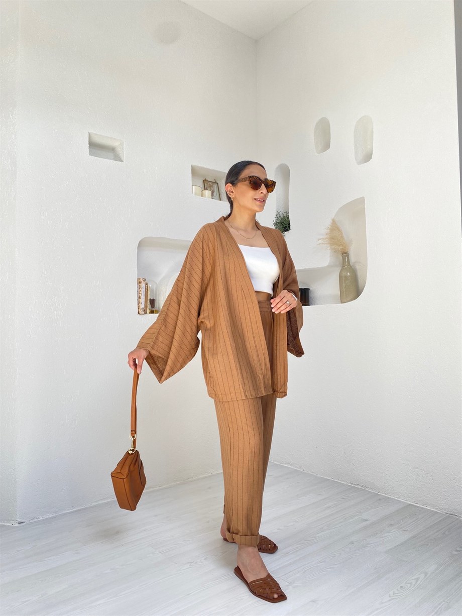 Camel Çizgili Kimono Takım
