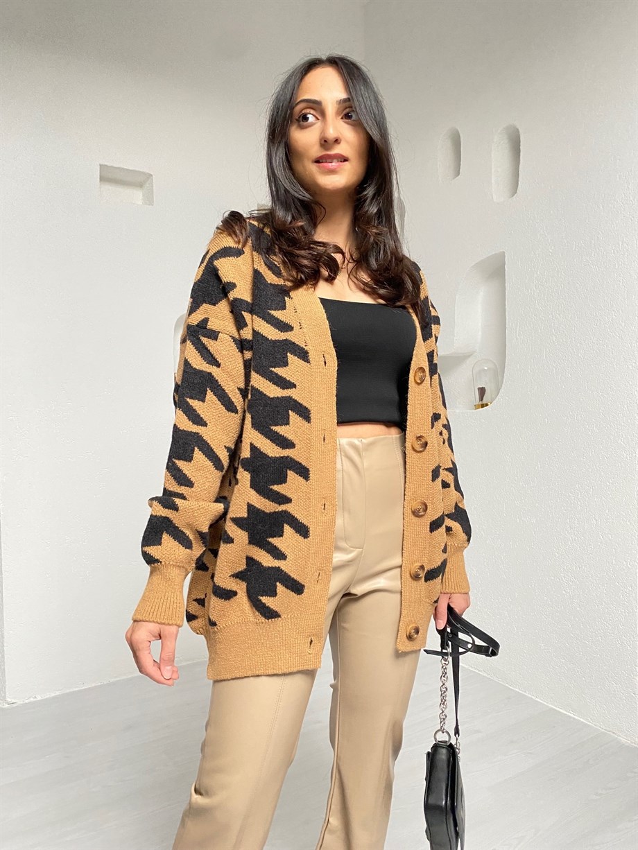 Camel Kazayağı Desenli Hırka