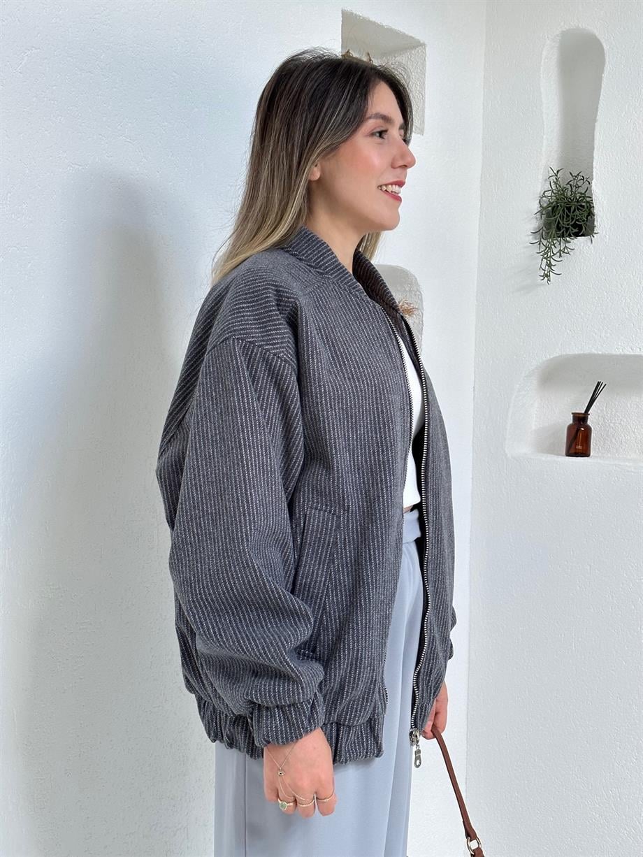 Çizgili Uzun Bomber Ceket