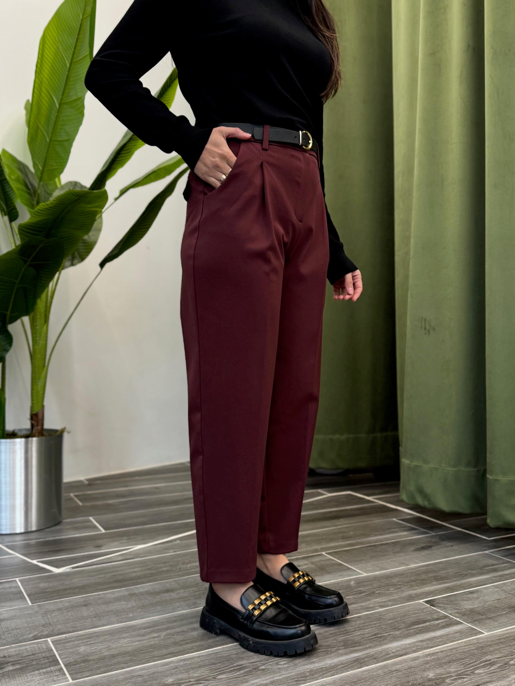 Dilvin Bordo Klasik Kemerli Premium Pantolon
