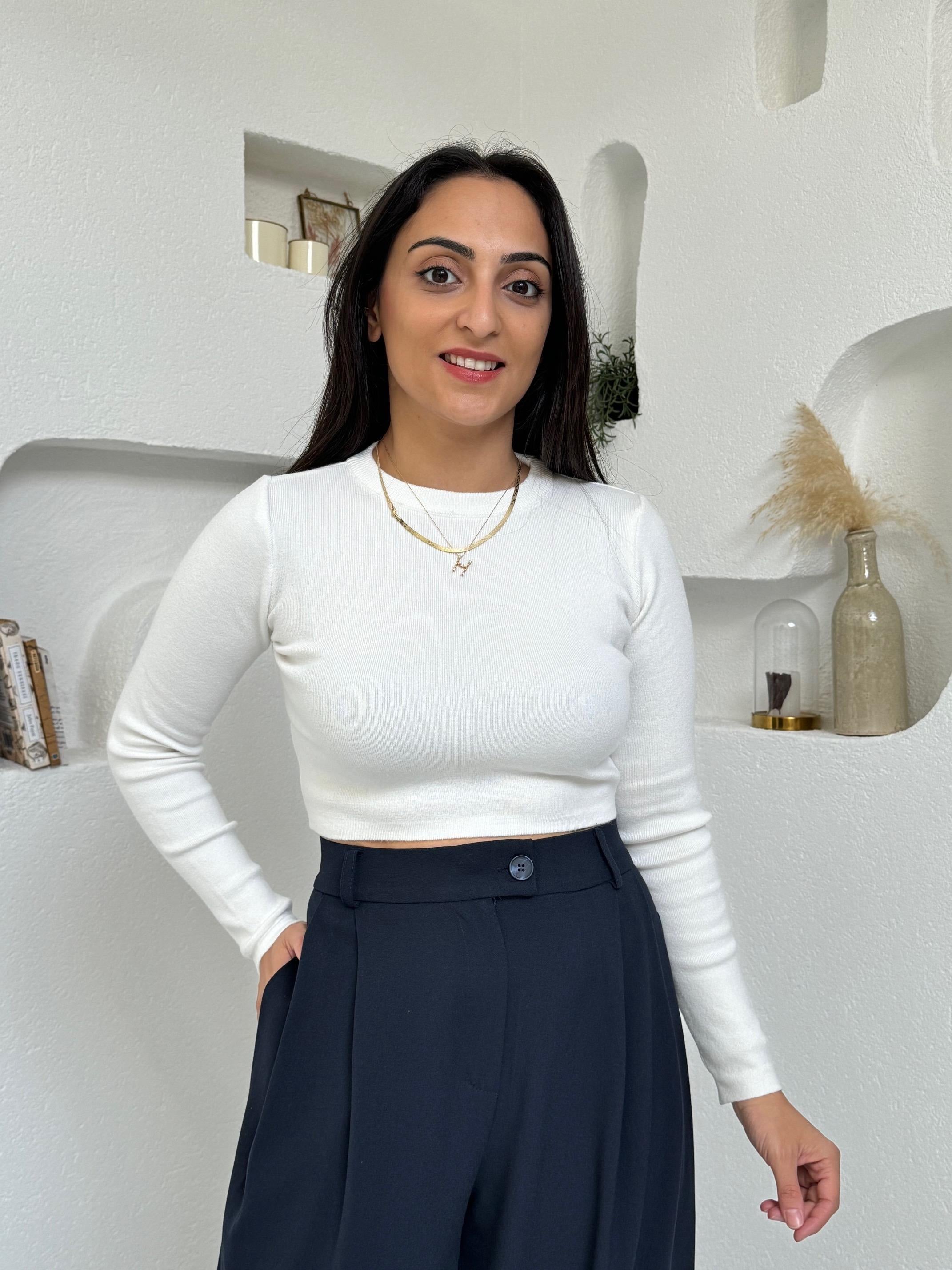 Dutti Beyaz Crop Çelik Triko Kazak