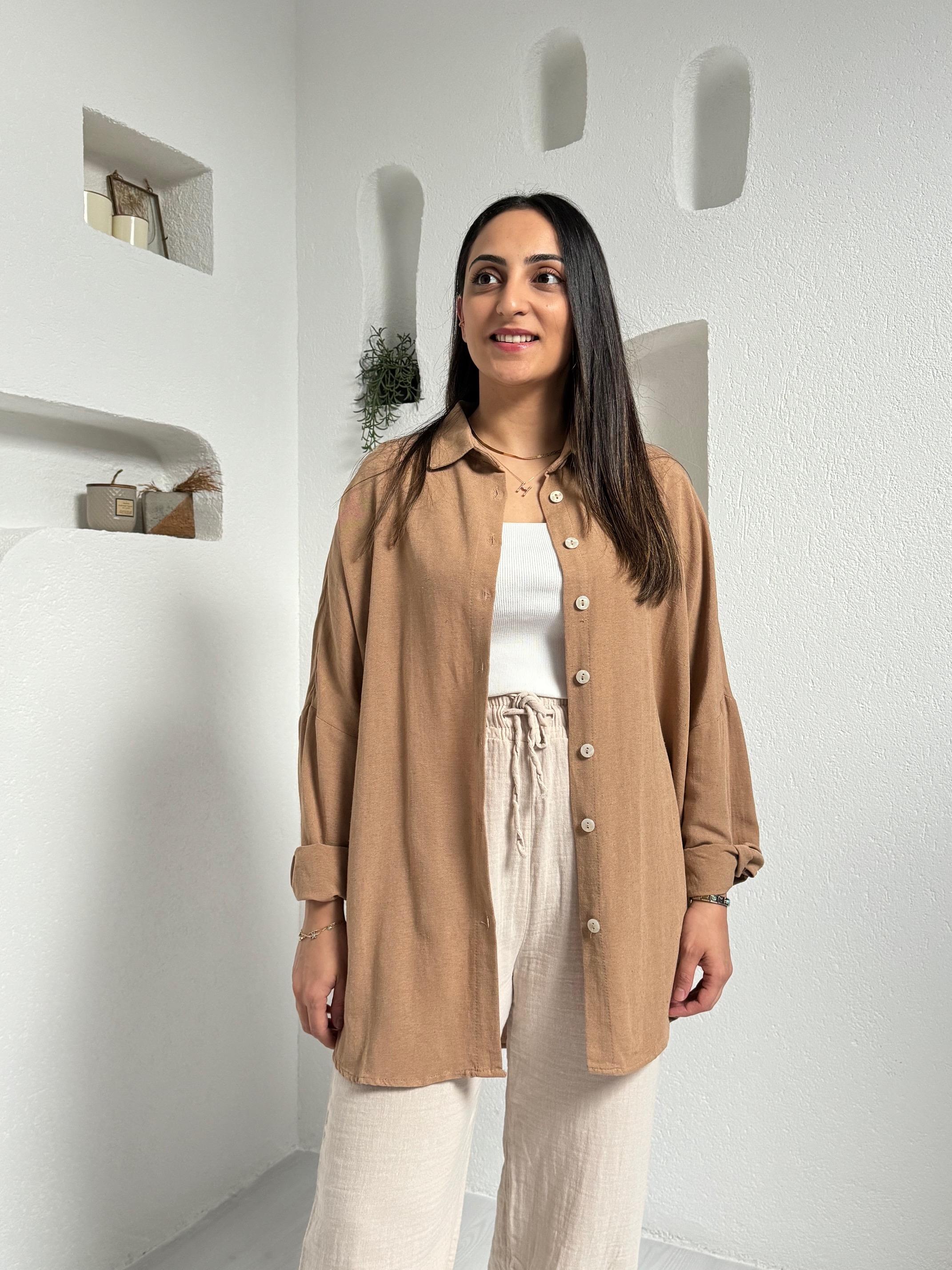 Eva Camel Keten Dokulu Gömlek