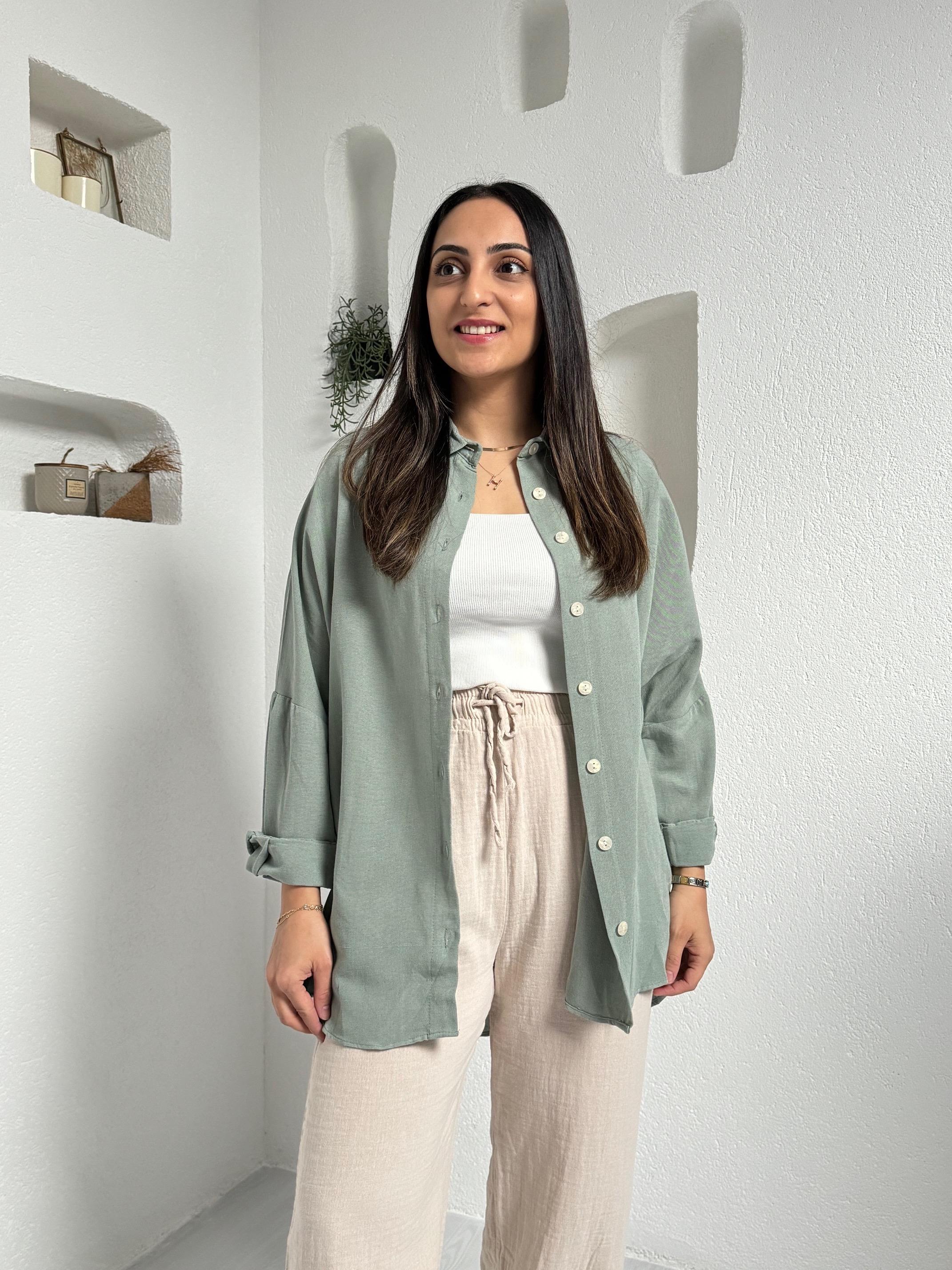 Eva Mint Yeşili Keten Dokulu Gömlek
