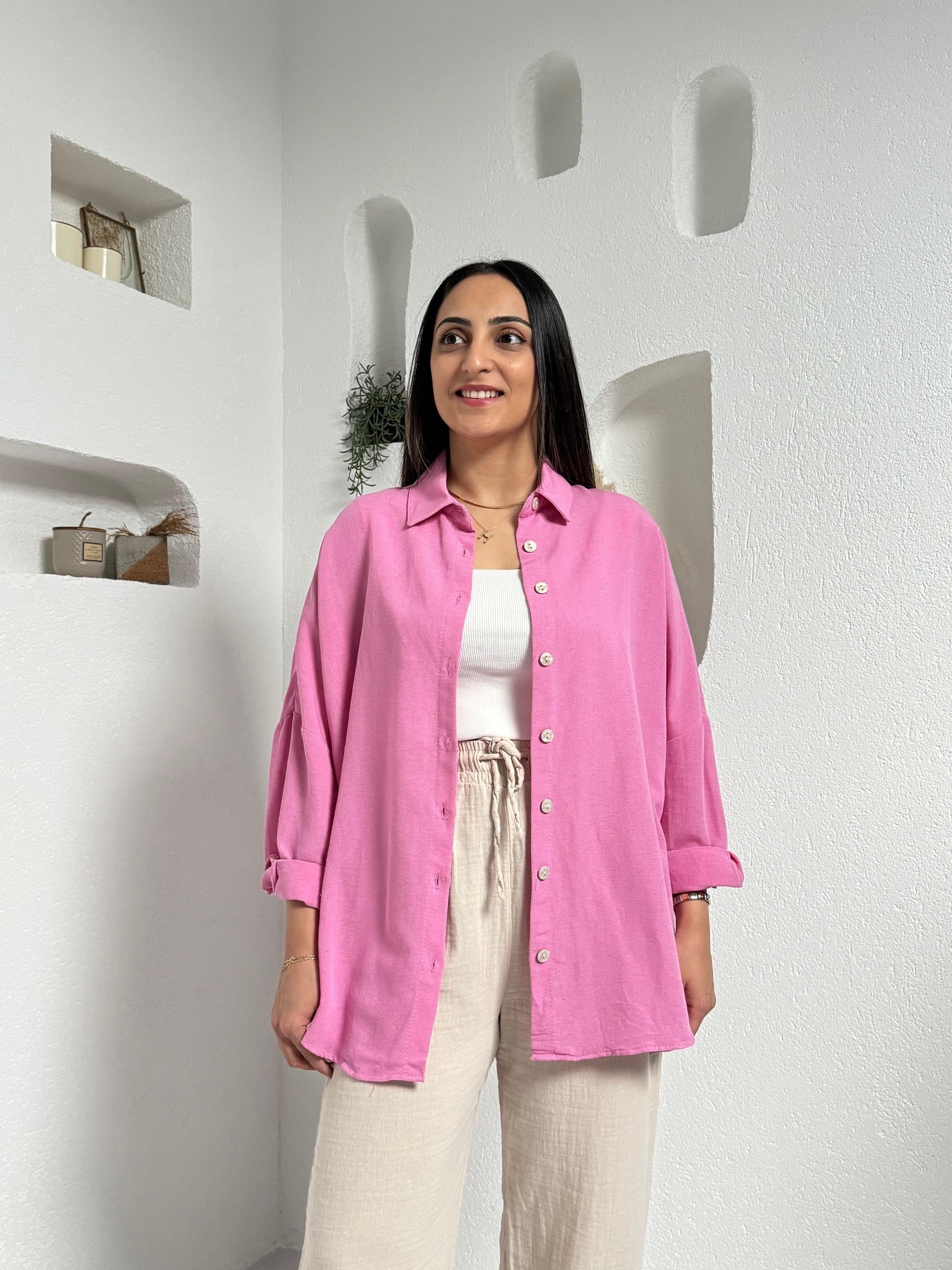 Eva Pembe Keten Dokulu Gömlek