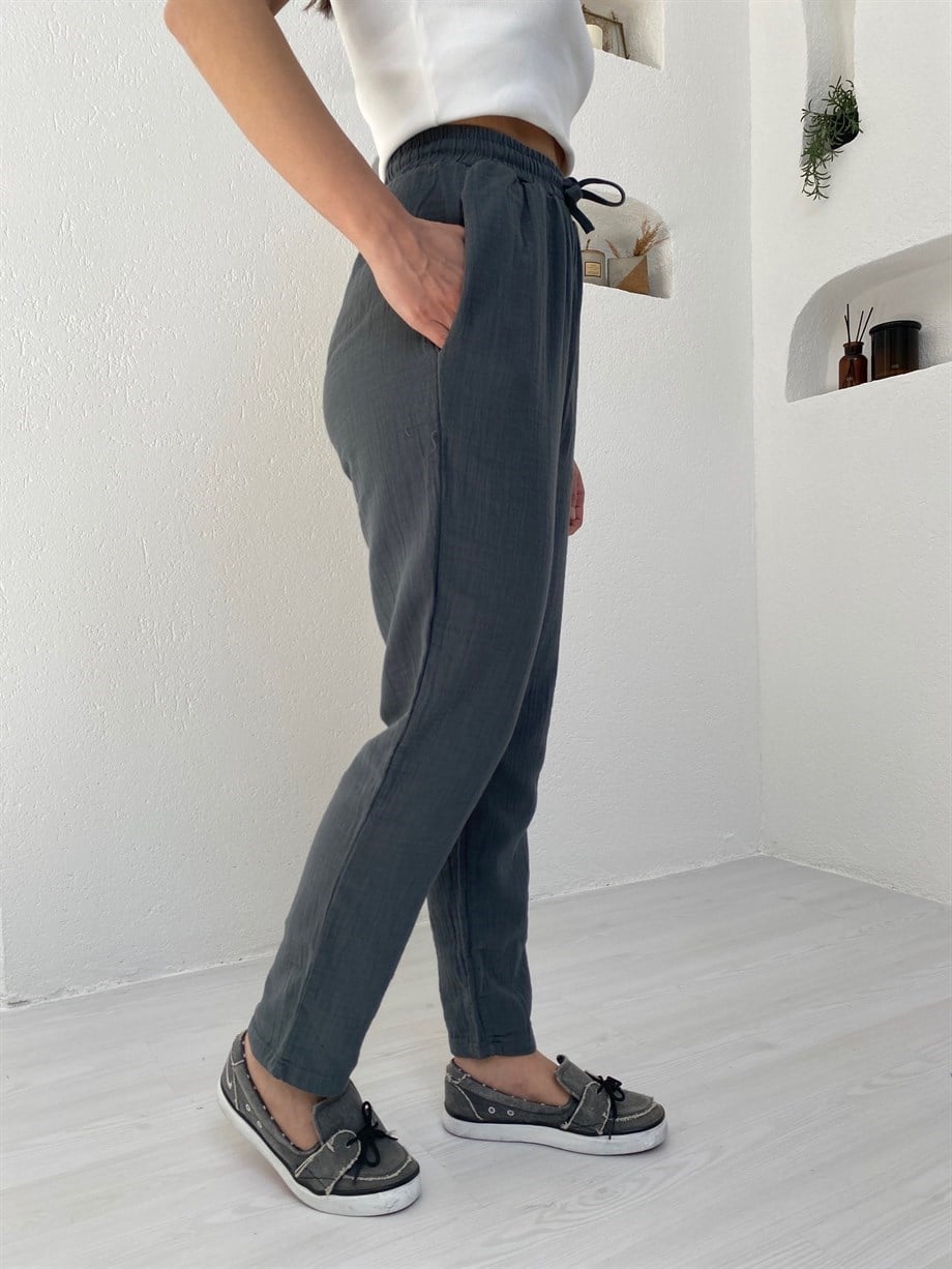 Gri Müslin Kumaş Keten Pantolon