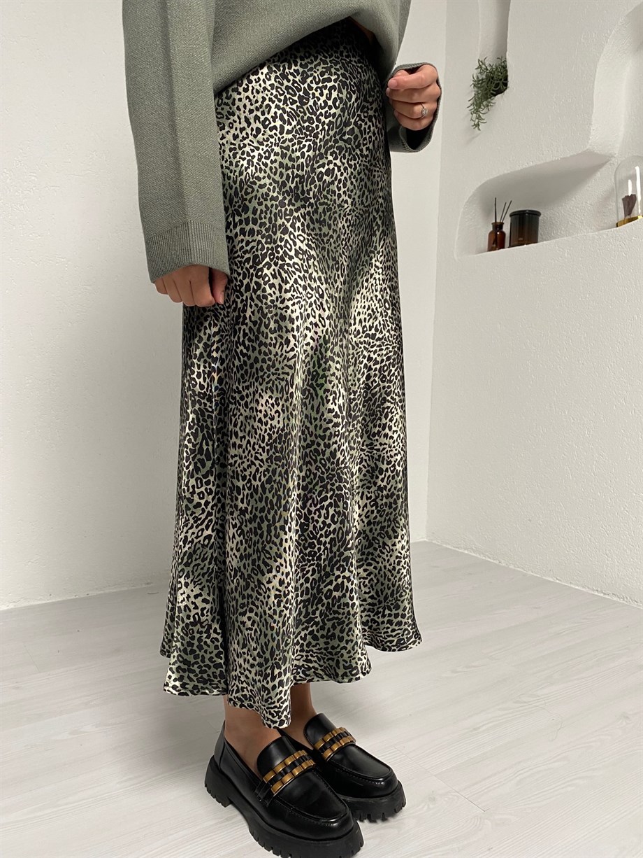 Haki Mini Leopar Verev Saten Etek