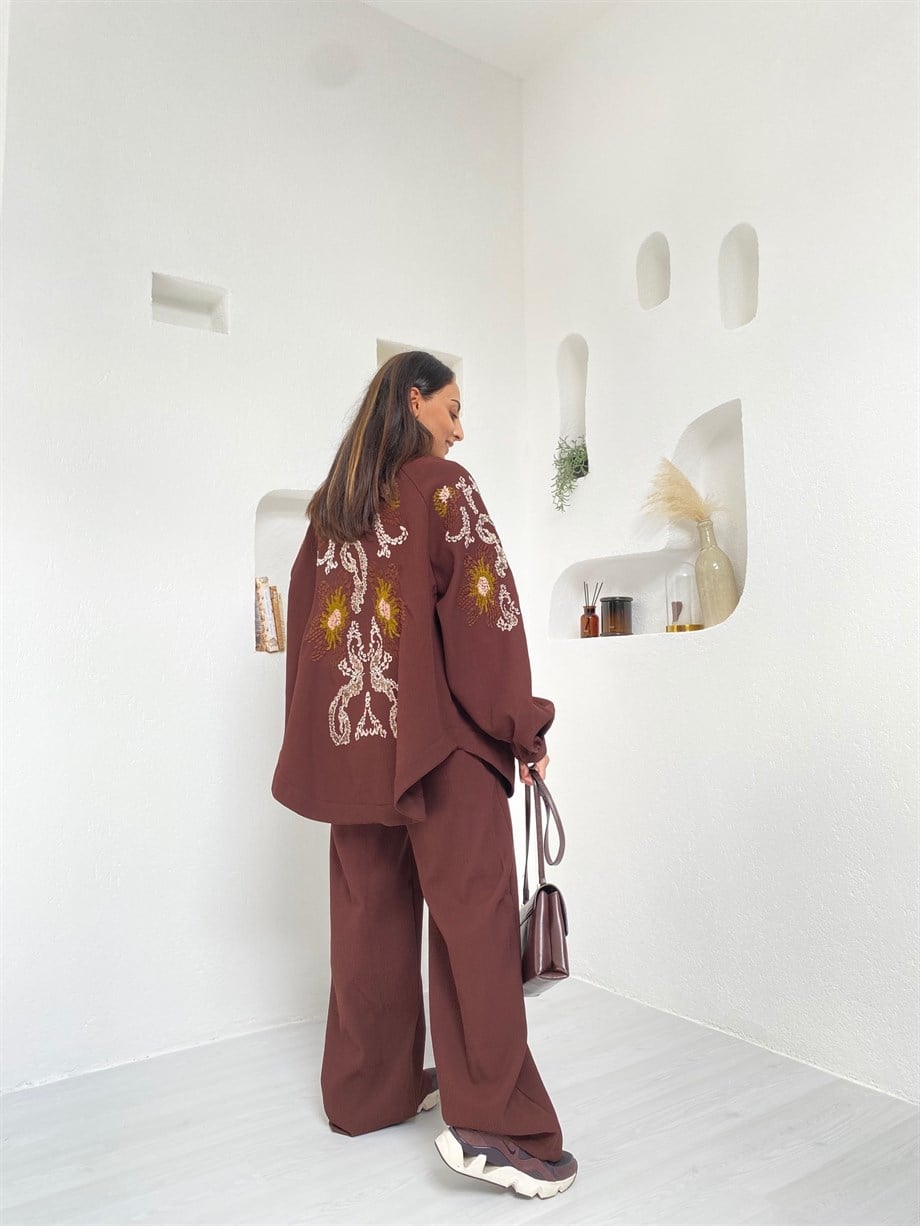 Kahverengi Fitilli İşleme Kimono