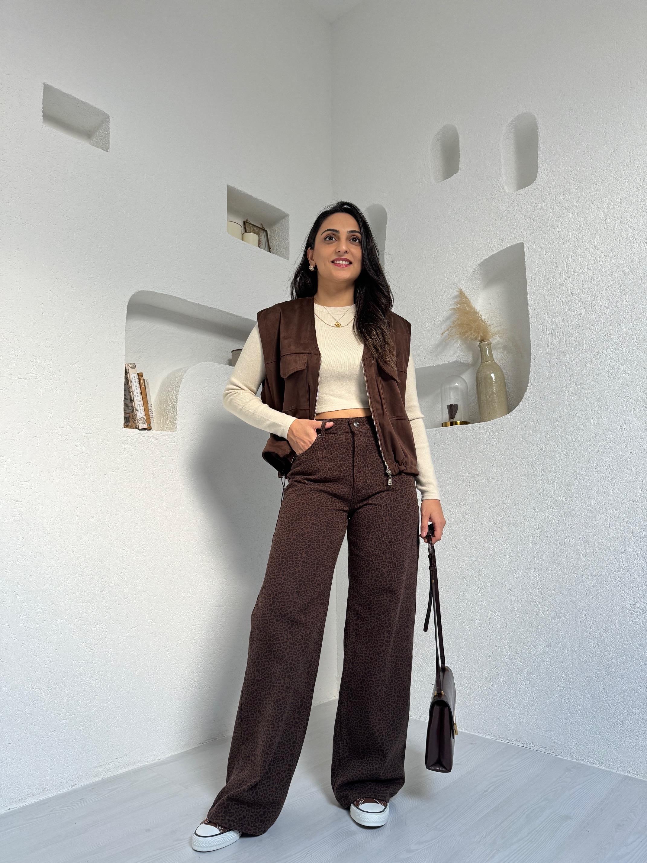 Kahverengi Leopar Desenli Gabardin Pantolon
