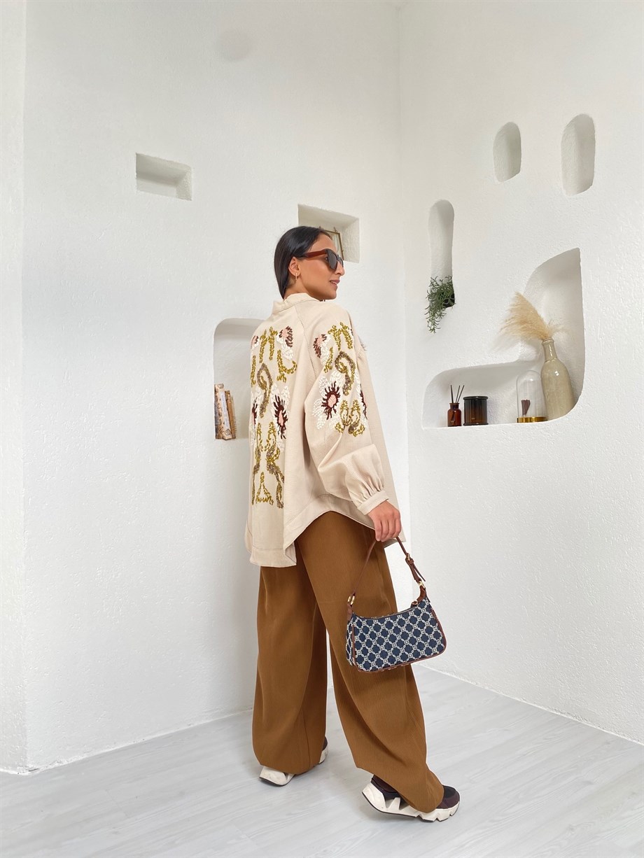 Krem Fitilli İşleme Kimono