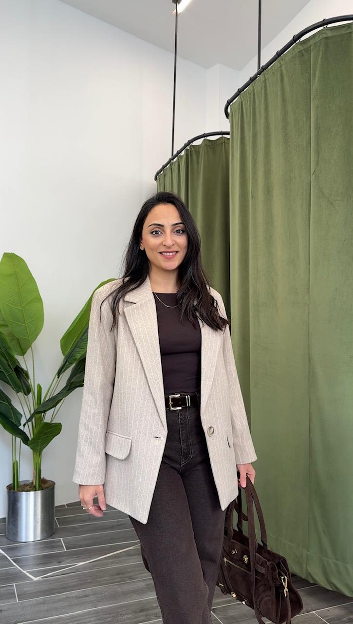 Krem Kaşe Çizgili Blazer