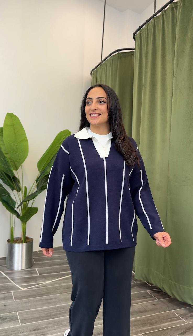 Lacivert Polo Yaka Çizgili Triko