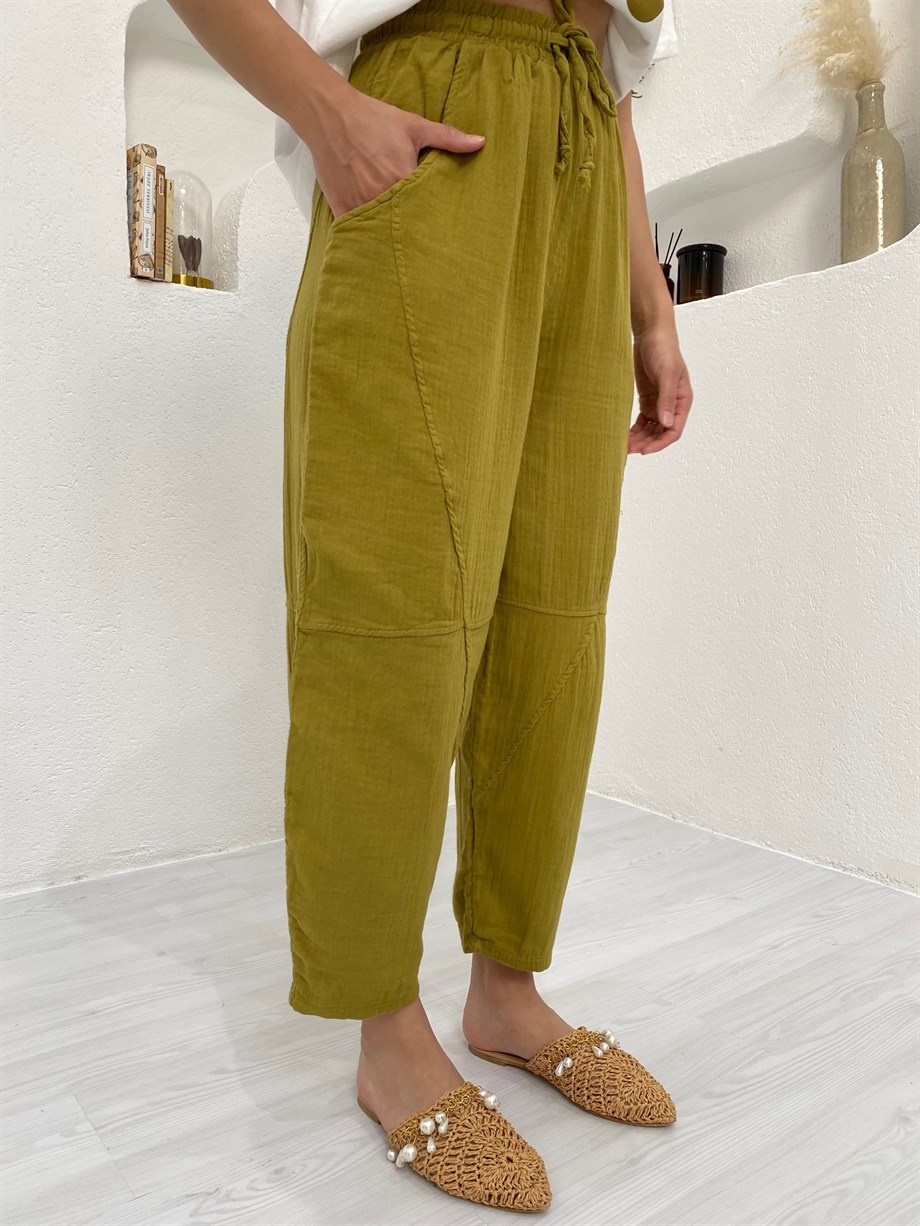 Müslin Yağ Yeşili Pantolon