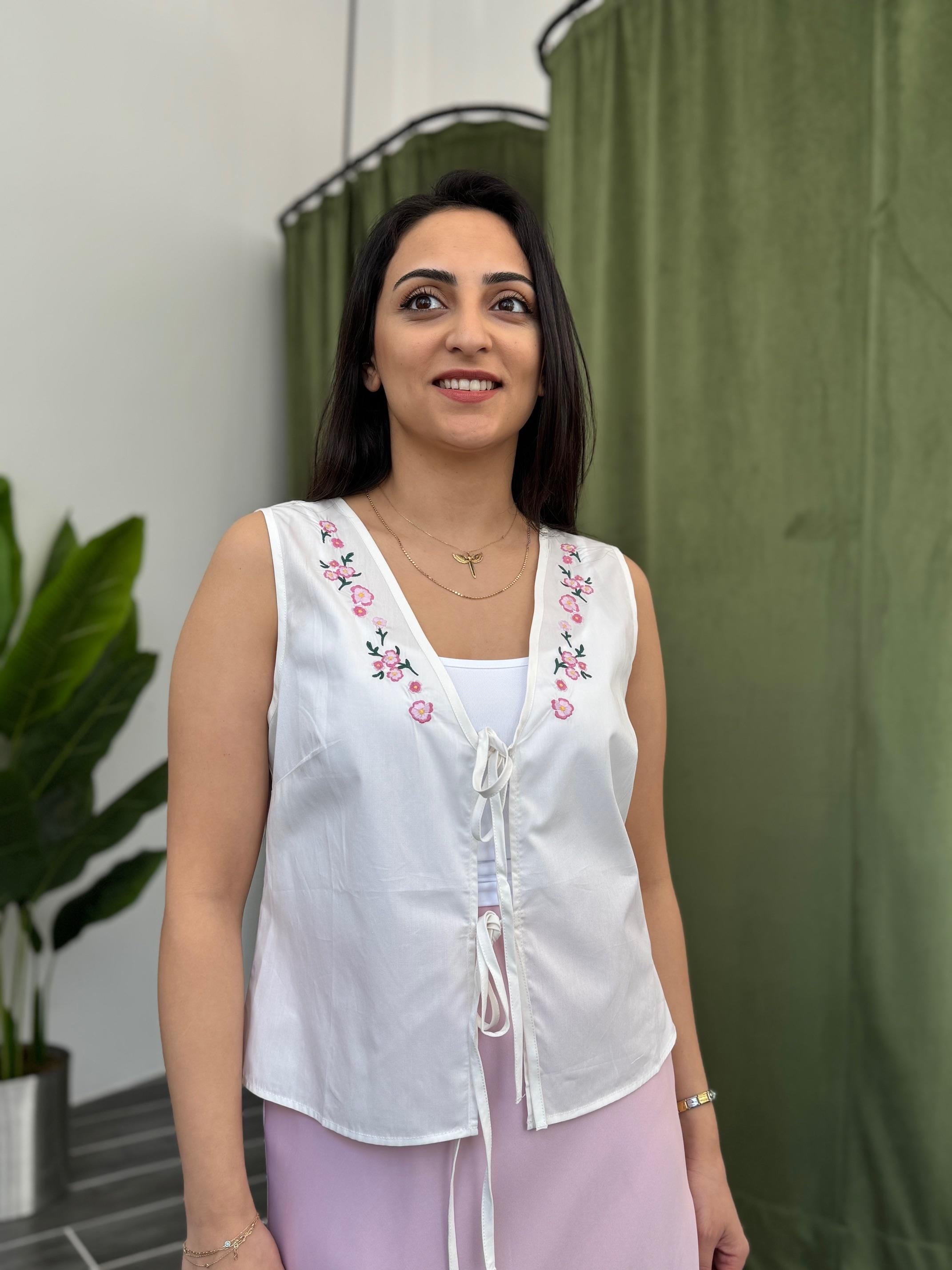 Pembe Nakış İşlemeli Pamuklu Yelek