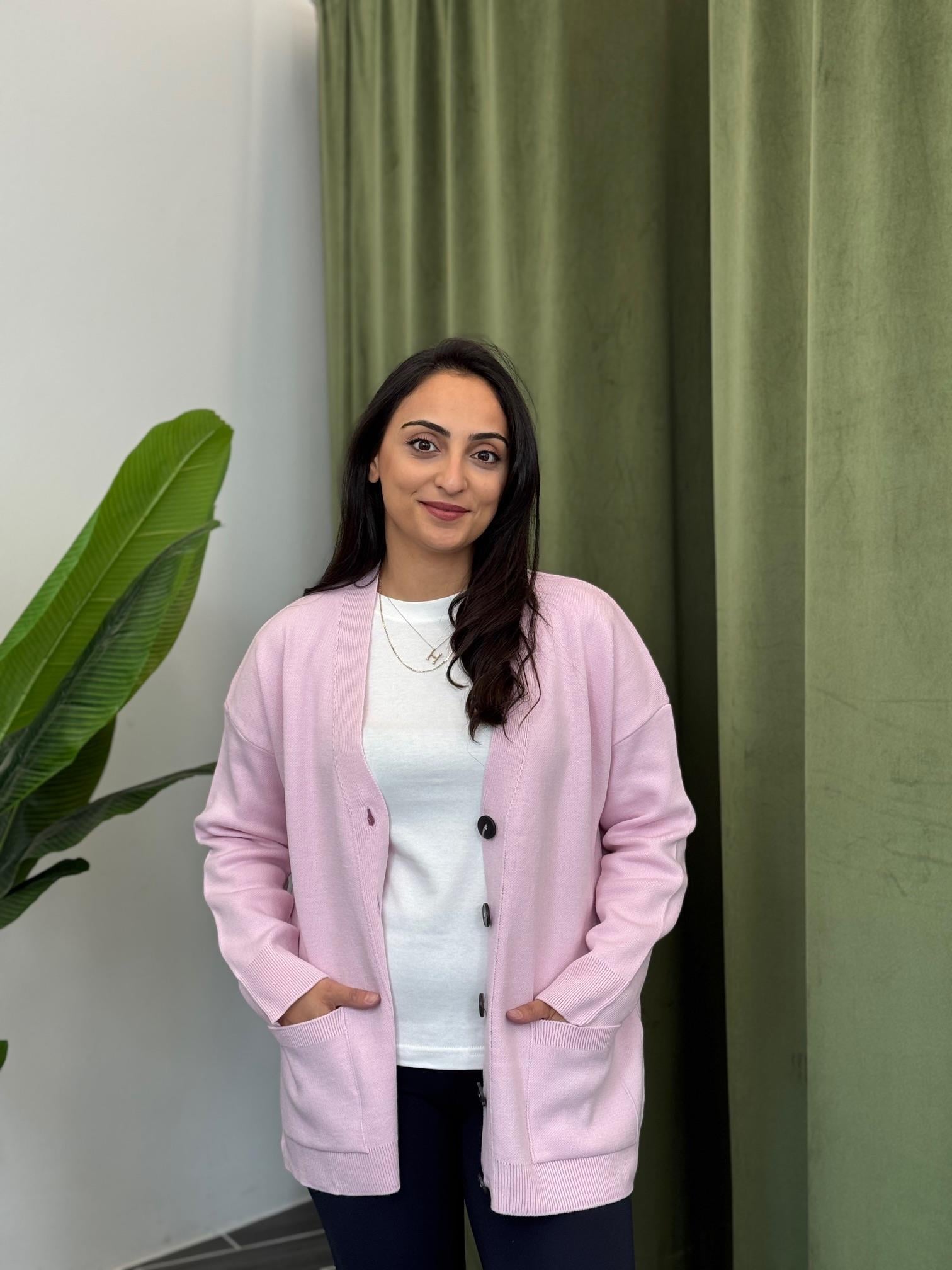 Pudra Pembesi Uzun Çelik Triko Hırka