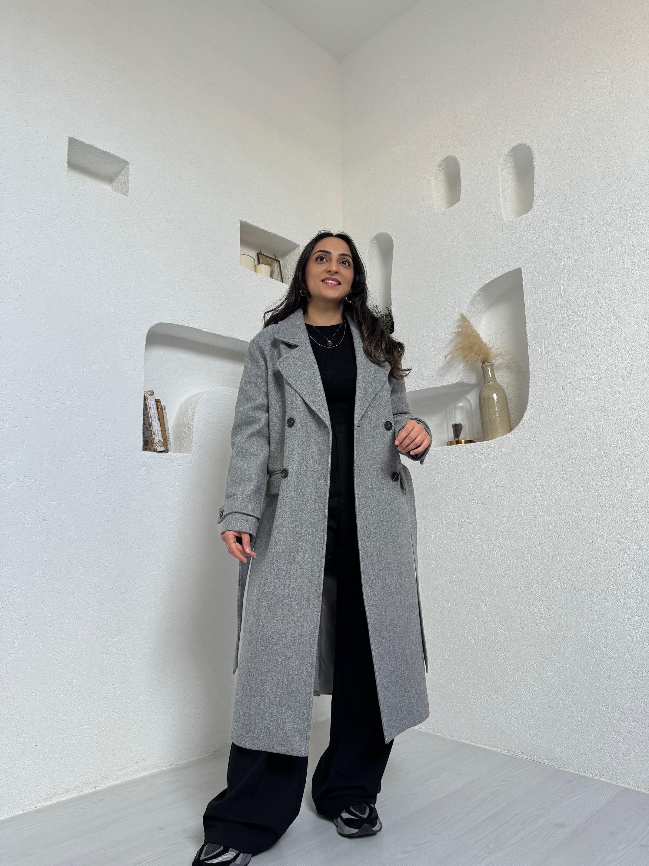 Sansa Gri Premium Kürk Detaylı Kaşe Kaban