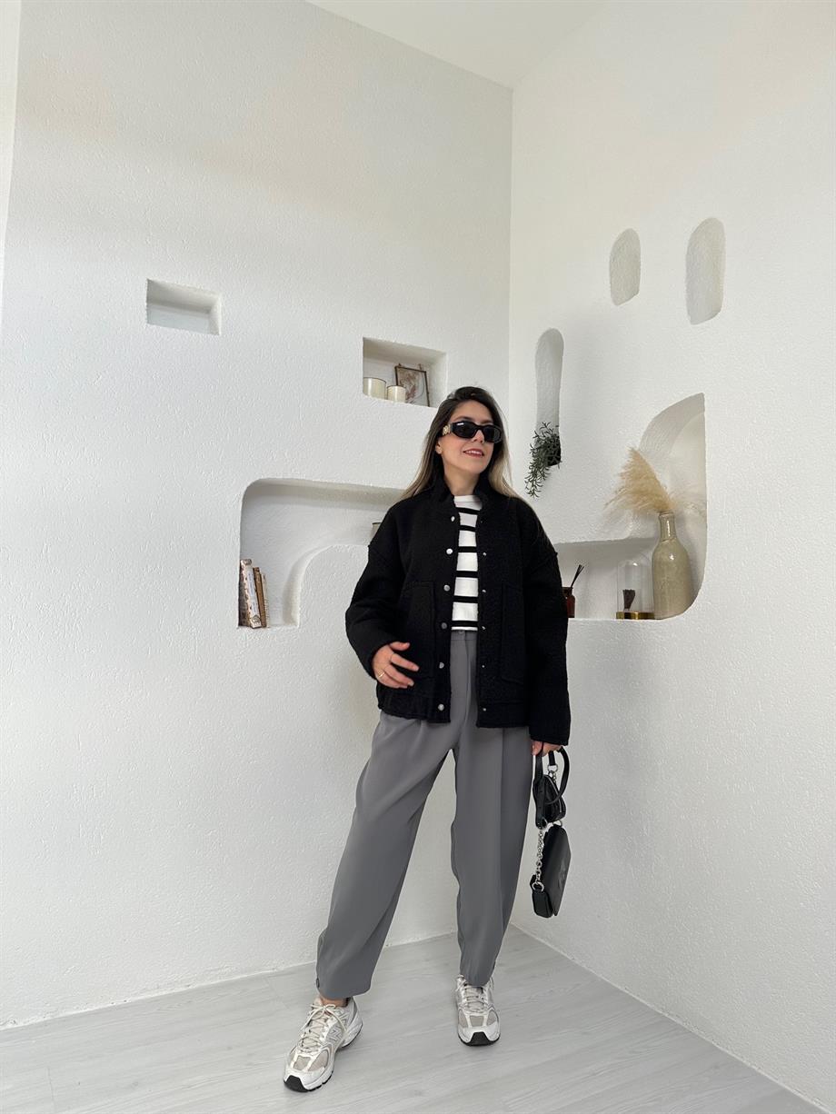 Siyah Buklet Kumaş Bomber Ceket