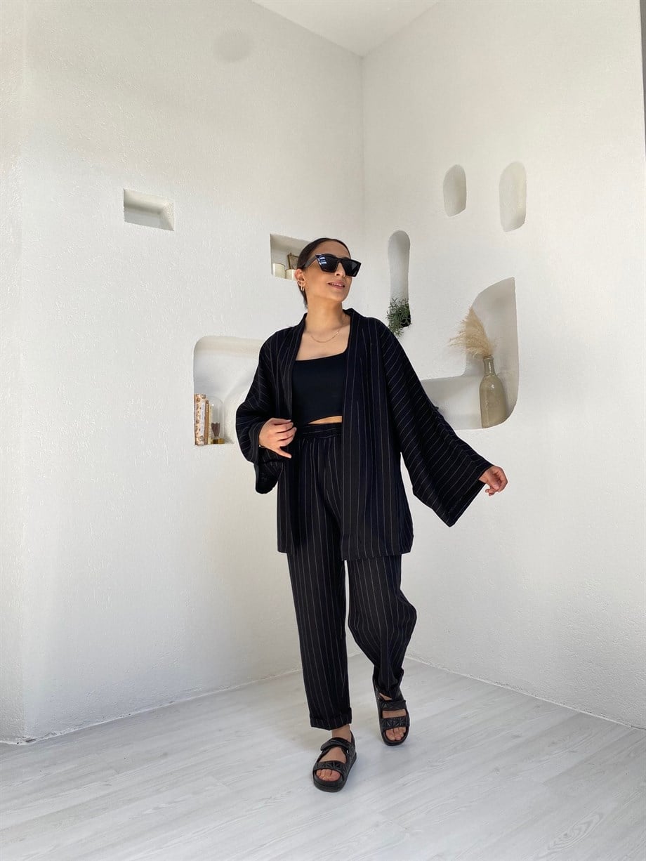 Siyah Çizgili Kimono Takım