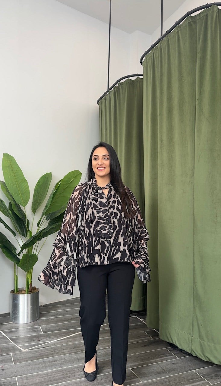 Siyah Leopar İspanyol Kol Şifon Bluz