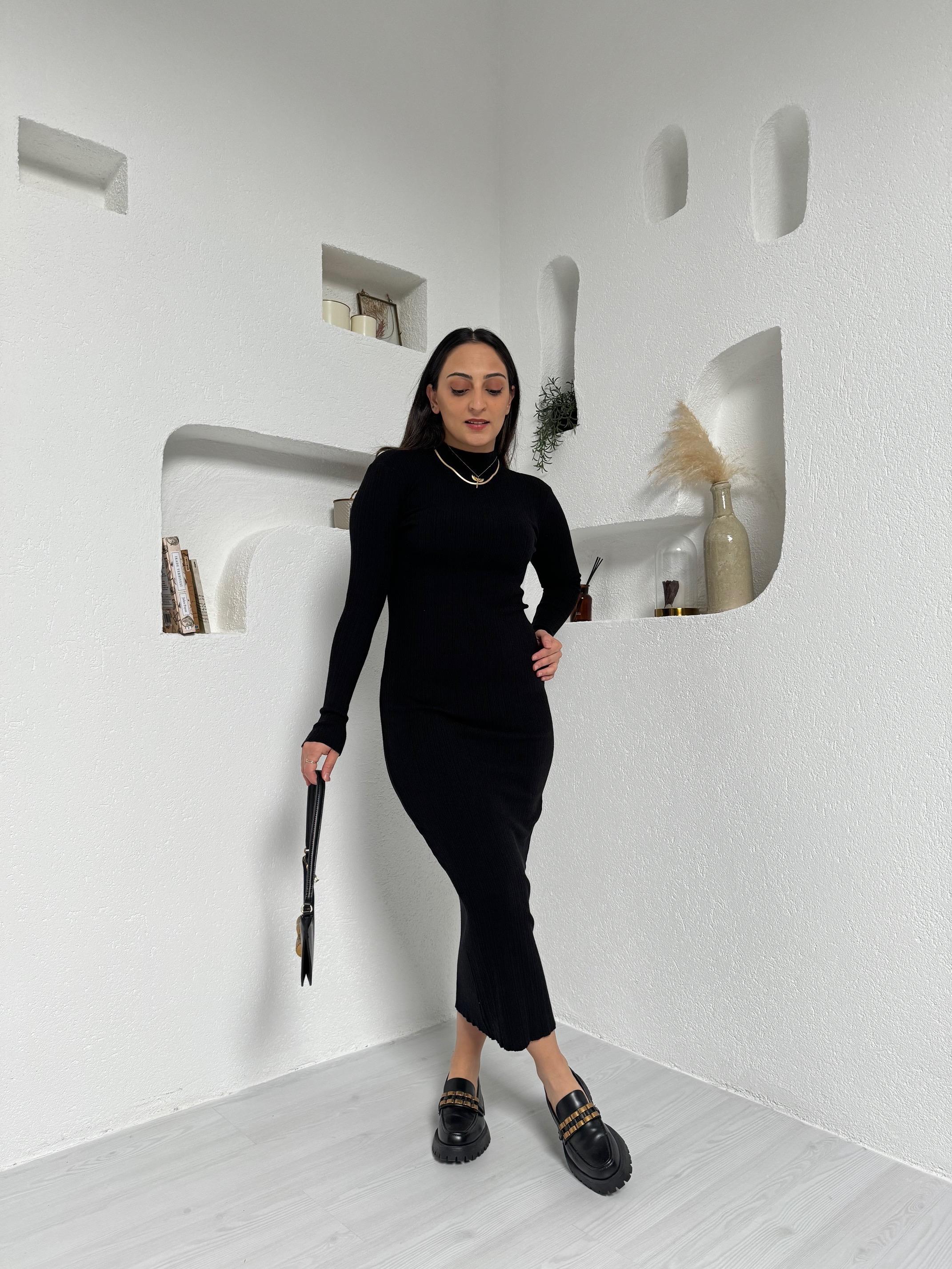 Siyah Triko Basic Fitilli Elbise