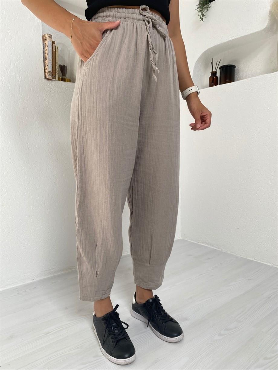 Taş Rengi Müslin Piliseli Pantolon