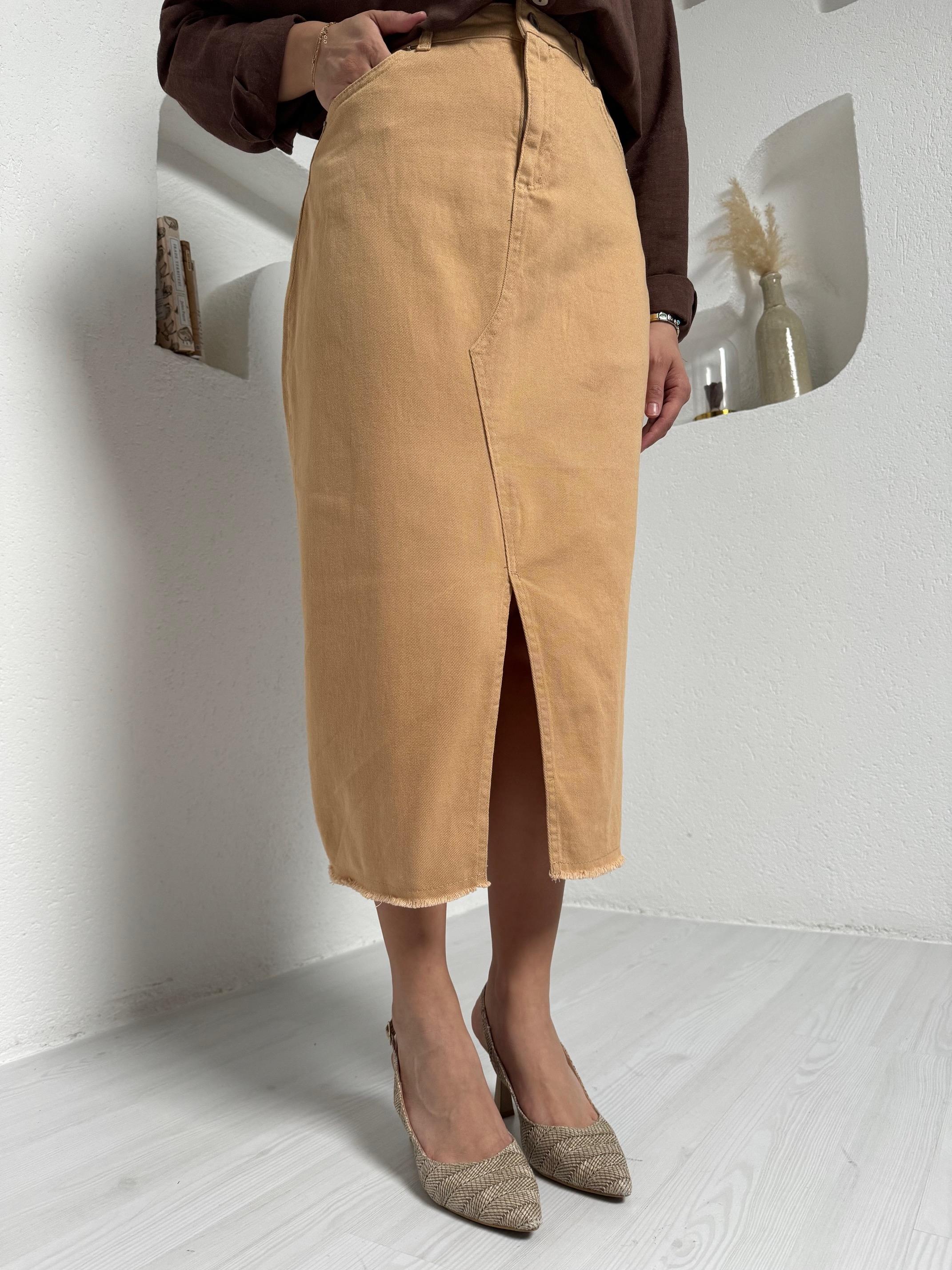 Tina Camel Gabardin Yırtmaçlı Etek