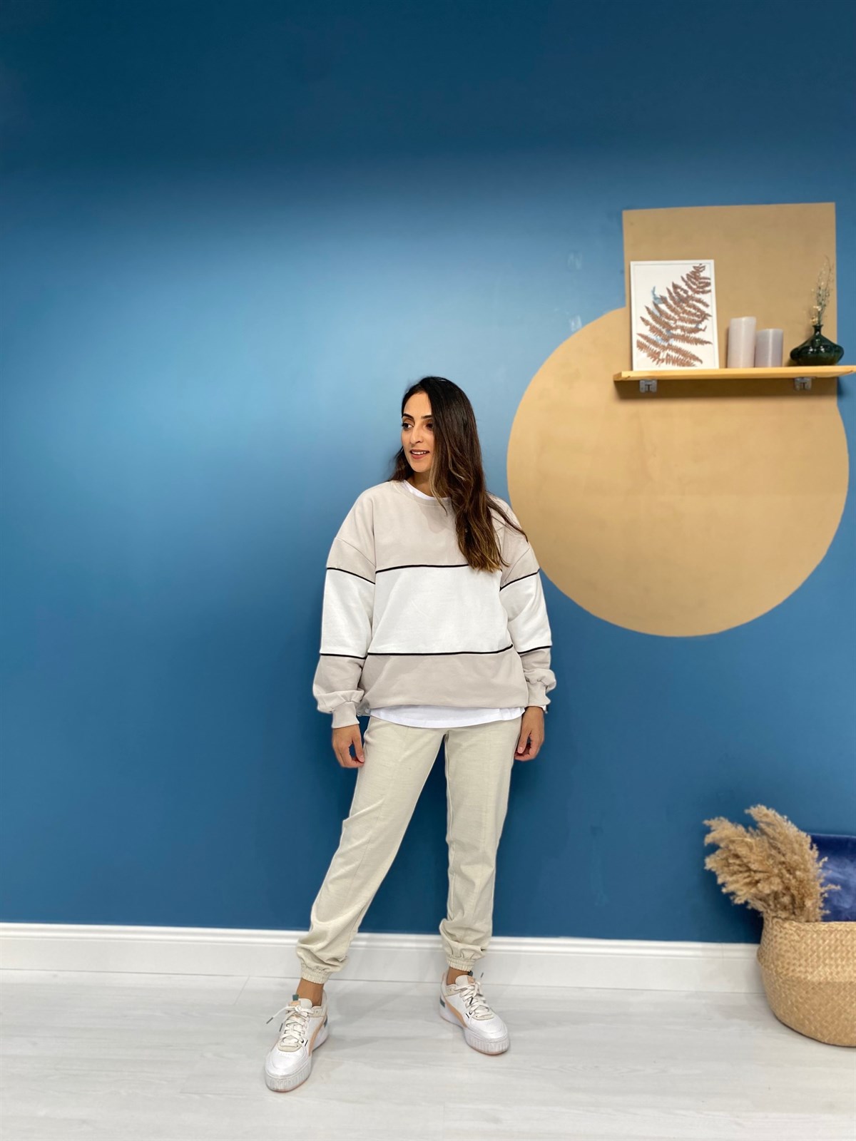 Unisex Çizgili Krem Çizgili Sweatshirt