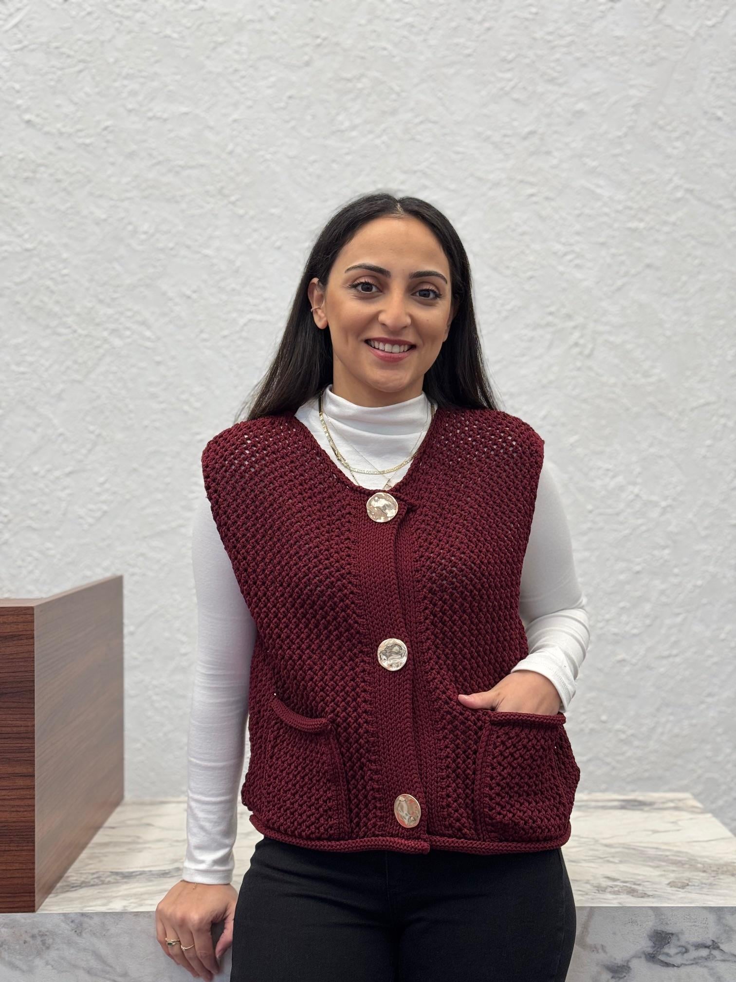 Zra Model Bordo Örgü Gold Düğme Yelek
