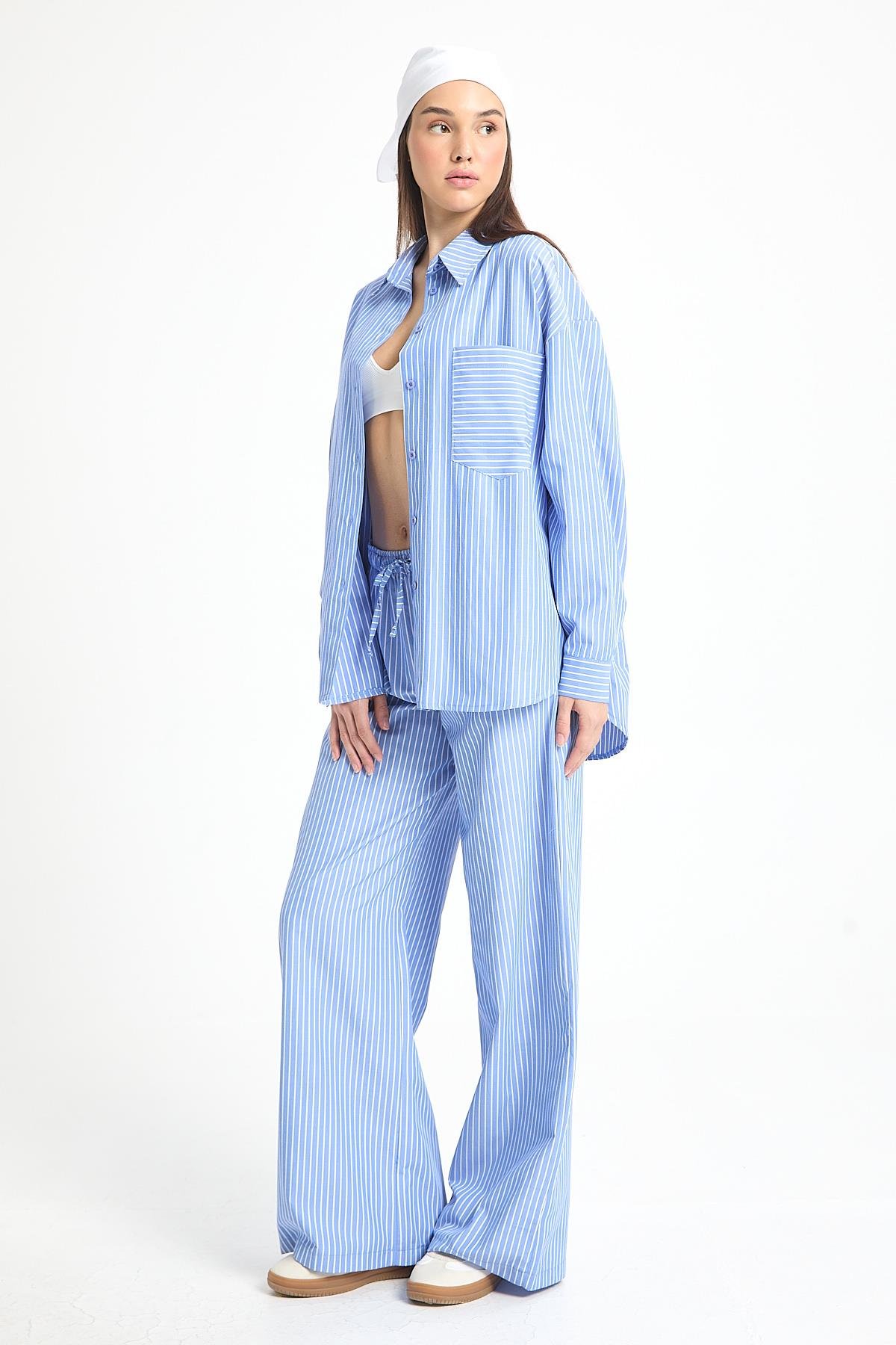 Agethe Çizgili Gömlek/Pantolon Takım Mavi
