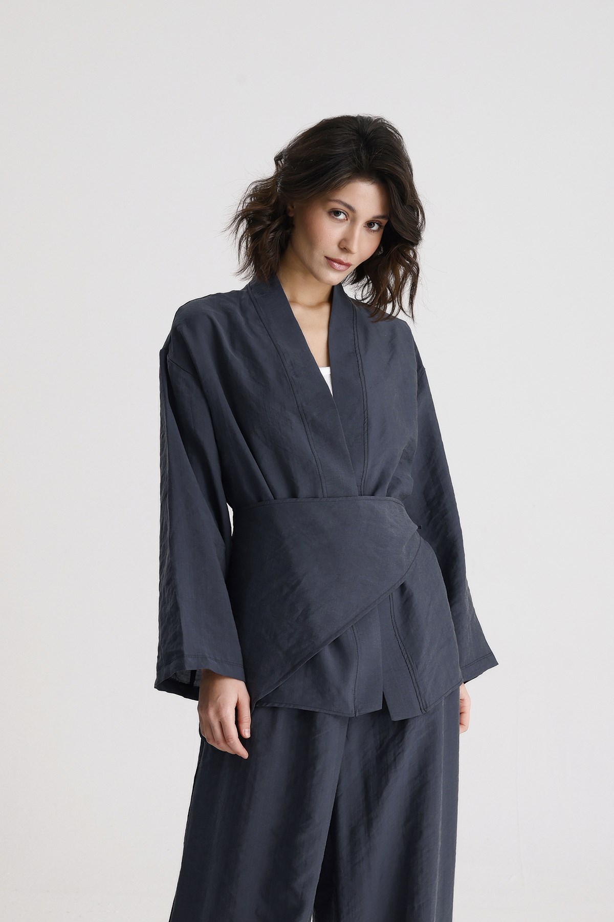 Antrasit Tensel Kumaş Premium Kruvaze Kapama Kimono 31073