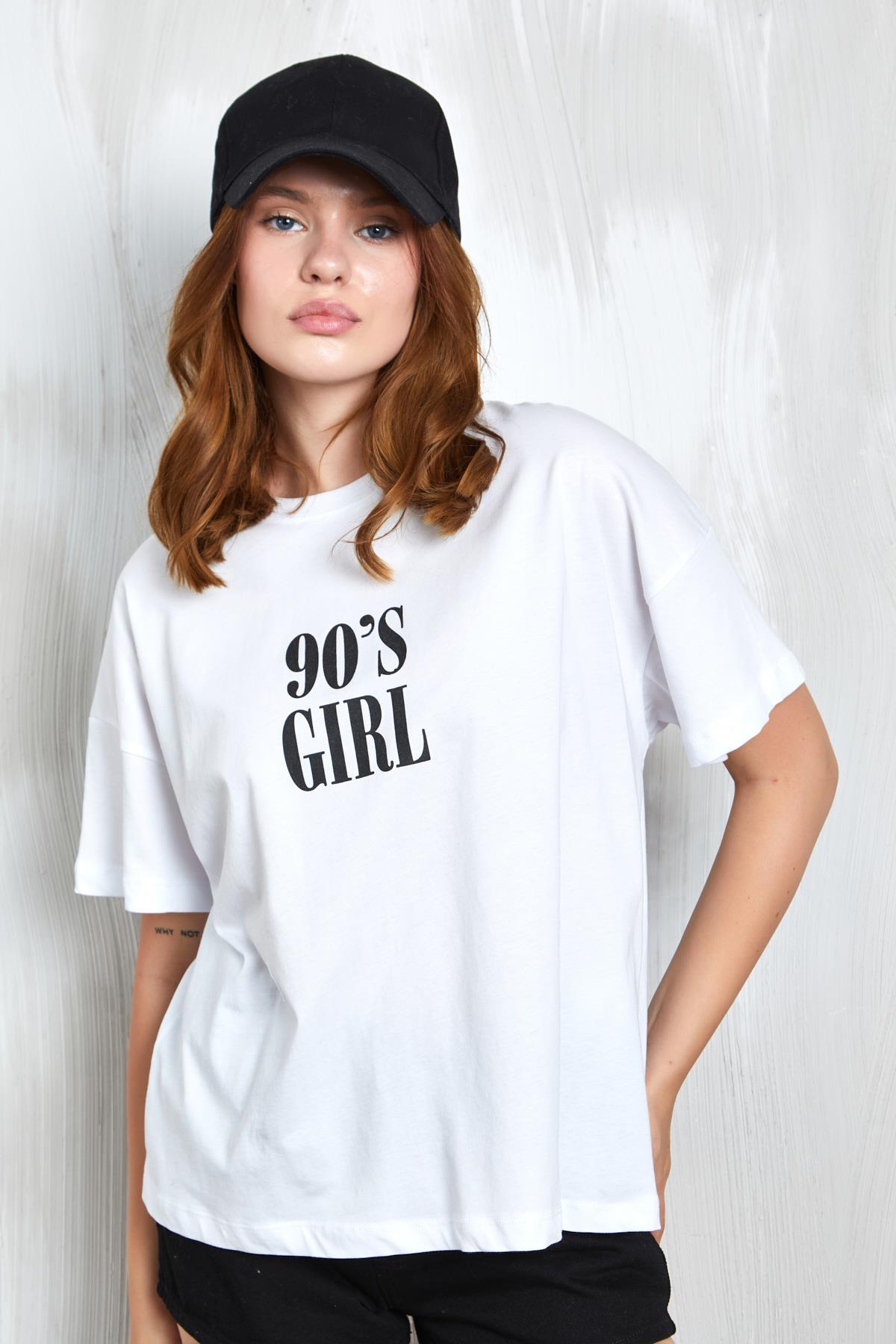 Beyaz Baskılı Oversize T-shirt 27336