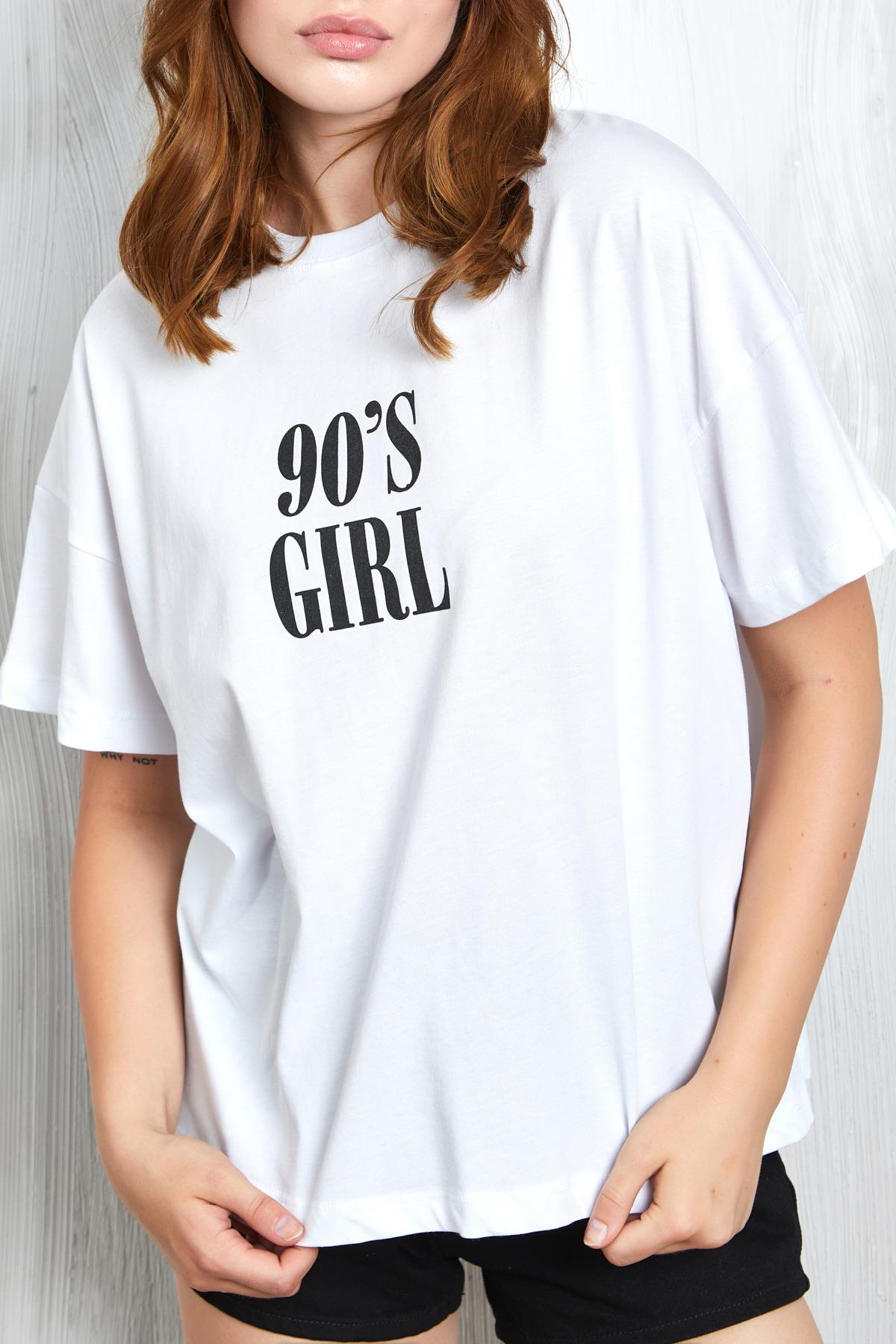 Beyaz Baskılı Oversize T-shirt 27336